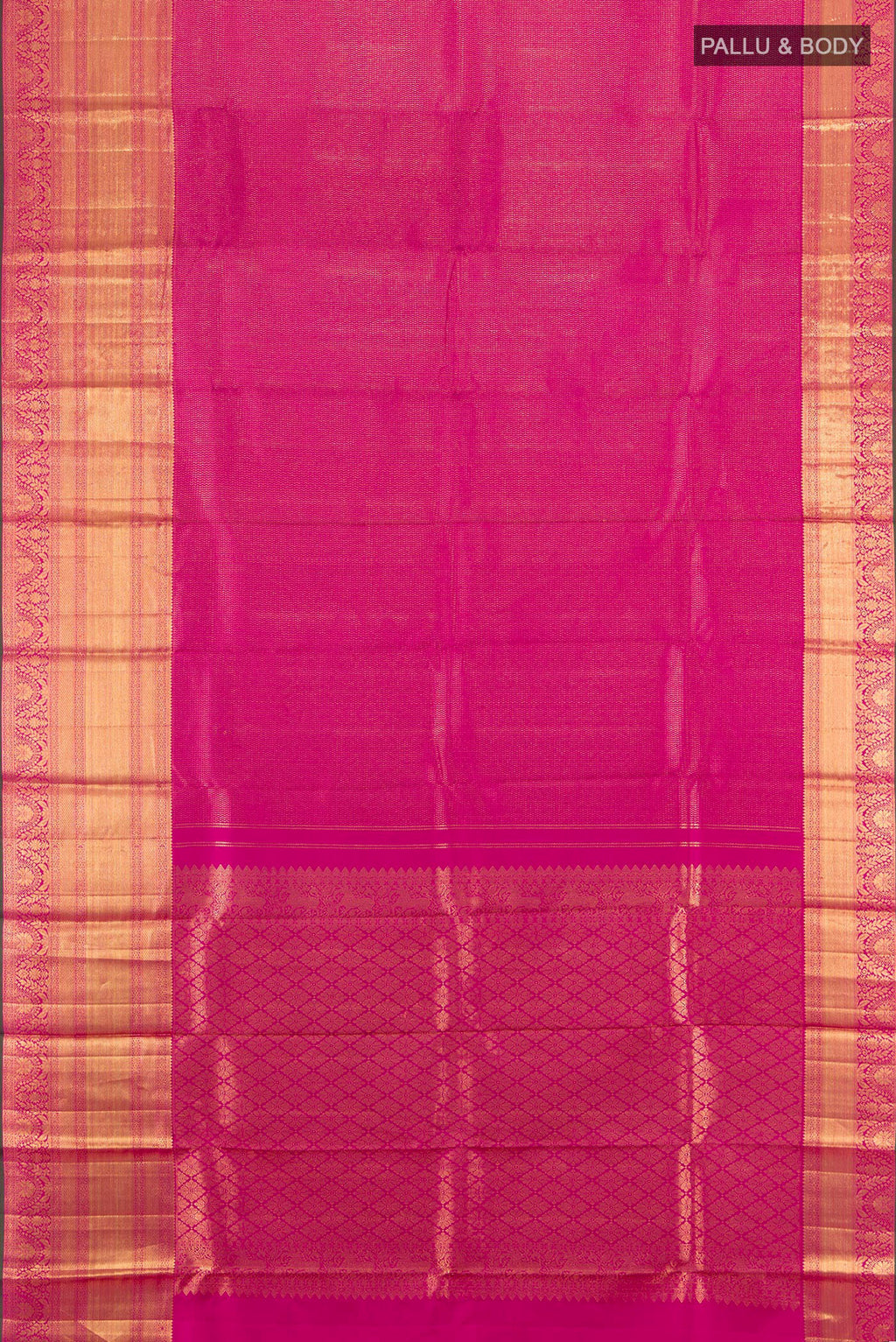 Flat view of Magenta Kanchipuram Silk Saree with Zari Brocade on the body and Silk Border. 