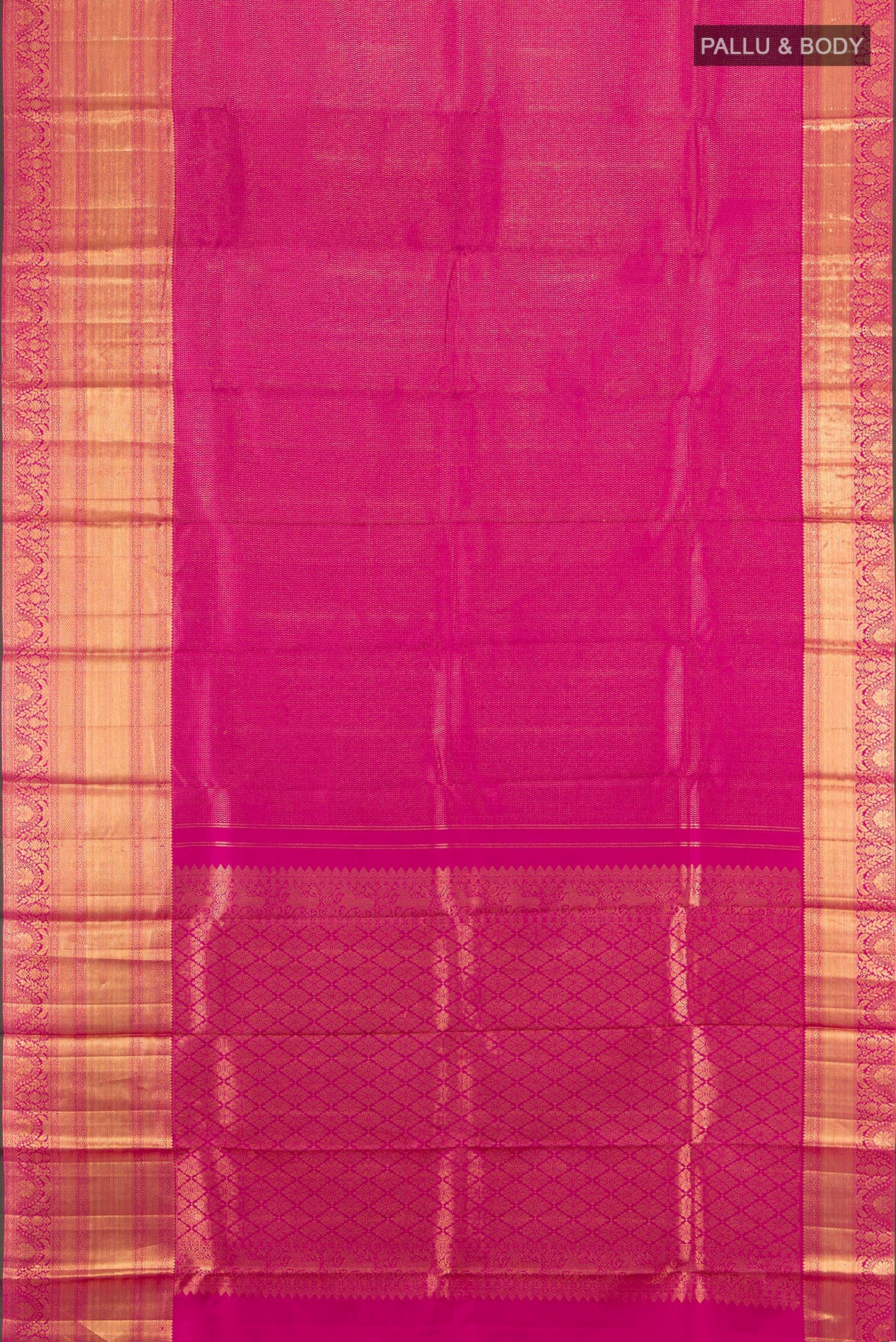 Flat view of Magenta Kanchipuram Silk Saree with Zari Brocade on the body and Silk Border. 