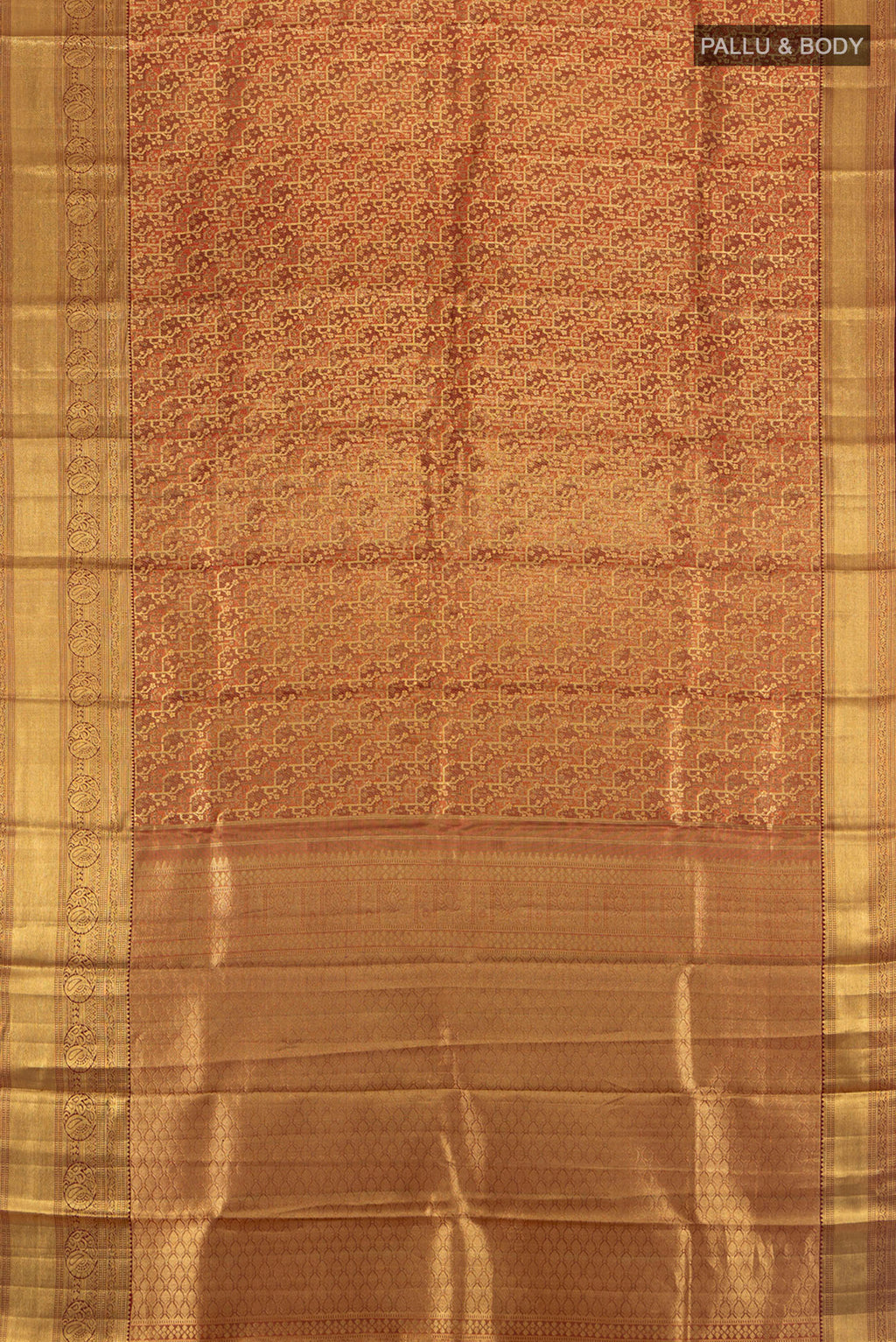 Flat view of Golden Kanchipuram Silk Saree with Zari Butta on the body and Silk Border. 