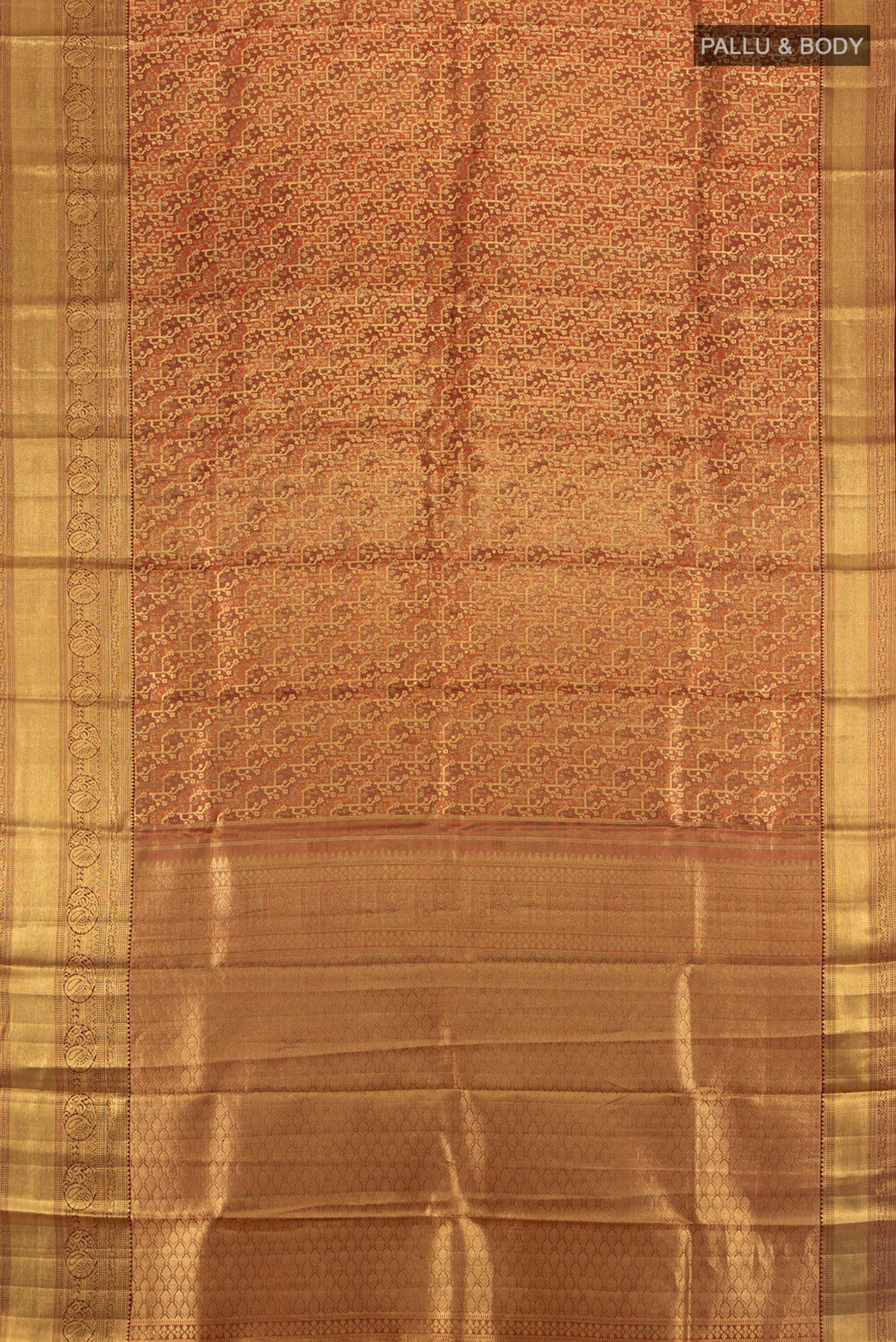 Flat view of Golden Kanchipuram Silk Saree with Zari Butta on the body and Silk Border. 