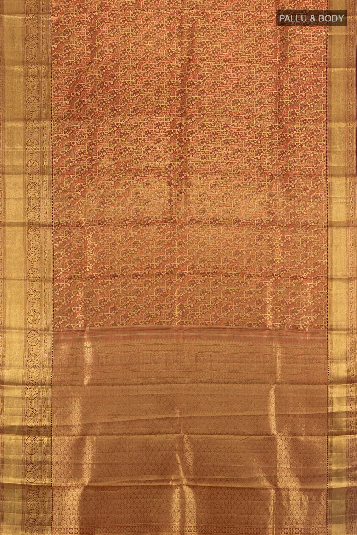 Flat view of Golden Kanchipuram Silk Saree with Zari Butta on the body and Silk Border. 