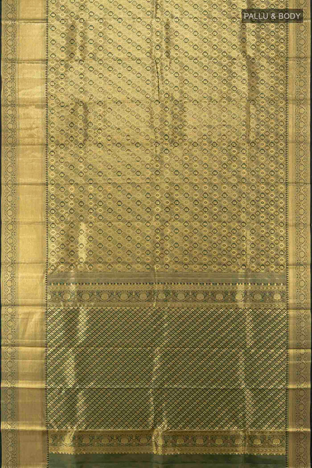 Flat view of Bottle Green Kanchipuram Silk Saree with Zari Butta on the body and Silk Border