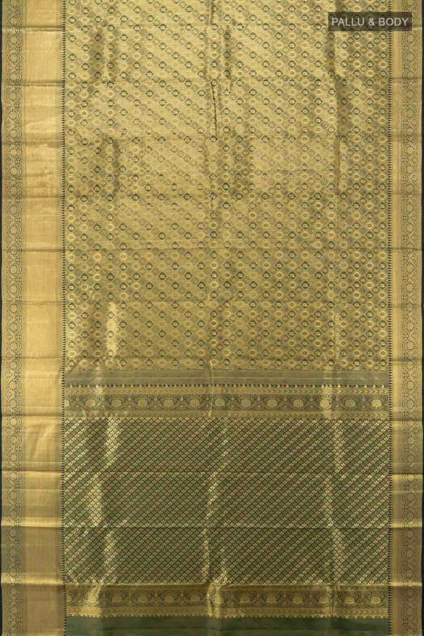 Flat view of Bottle Green Kanchipuram Silk Saree with Zari Butta on the body and Silk Border