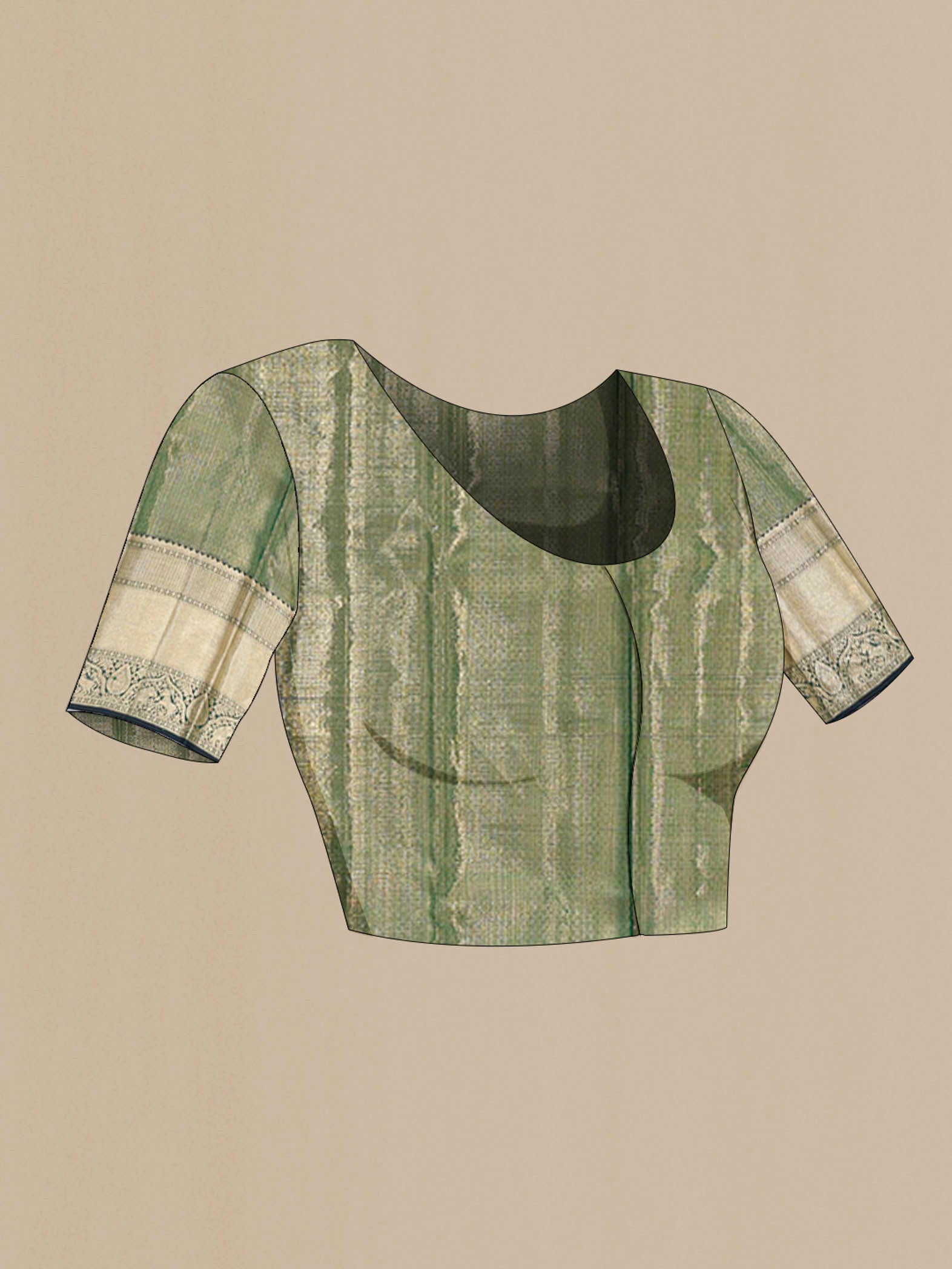 Close up image of the blouse of Golden Kanchipuram Silk Saree with Zari Butta on the body and Silk Border. 