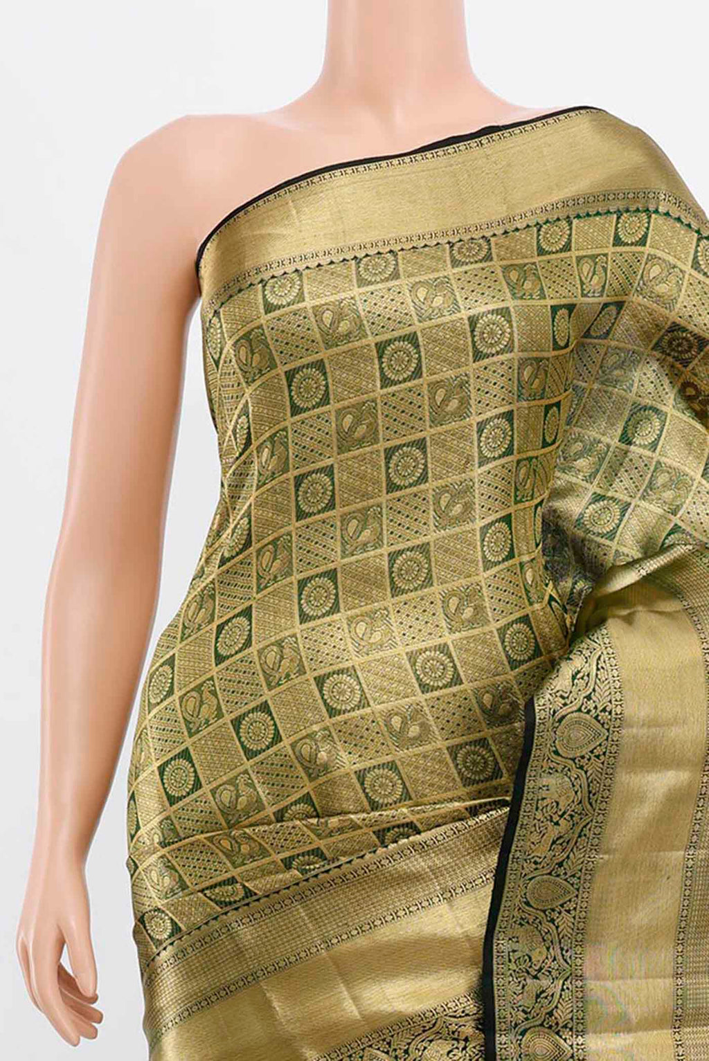 Border image of Golden Kanchipuram Silk Saree with Zari Butta on the body and Silk Border. 
