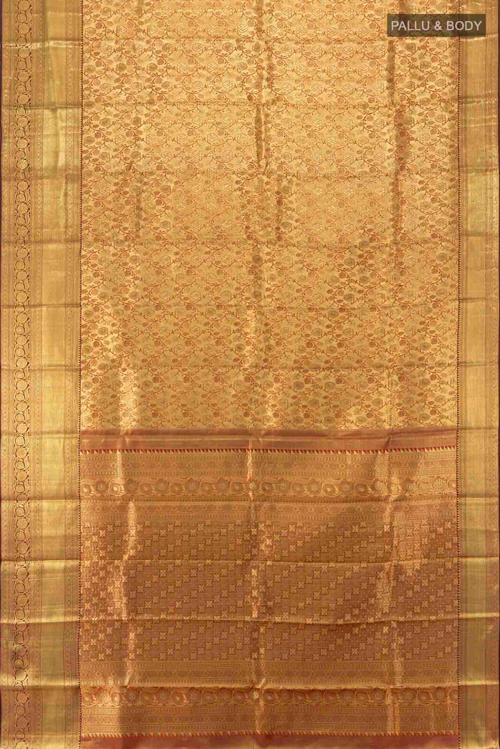 Flat view of Golden Kanchipuram Silk Saree with Zari Butta on the body and Silk Border