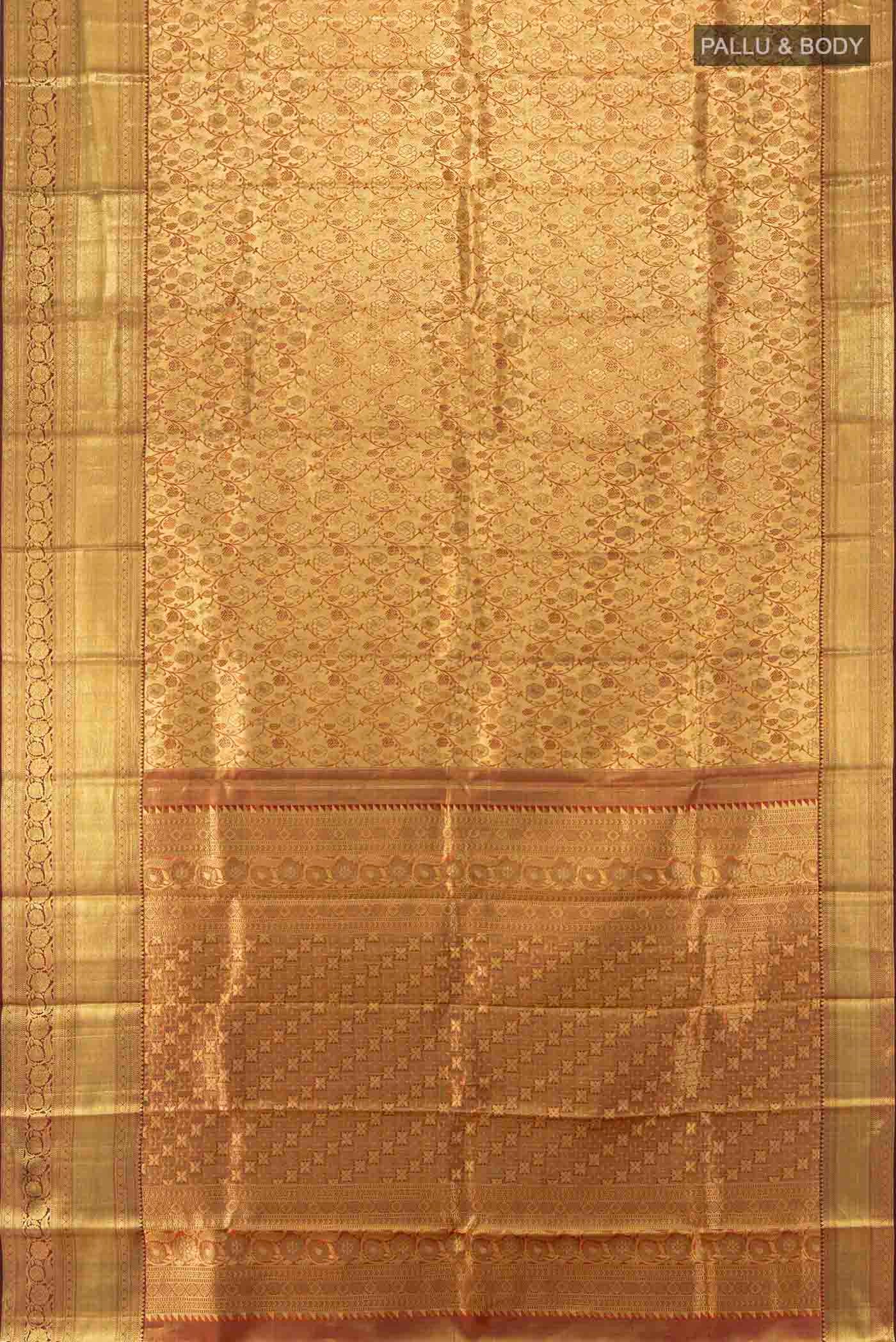 Flat view of Golden Kanchipuram Silk Saree with Zari Butta on the body and Silk Border