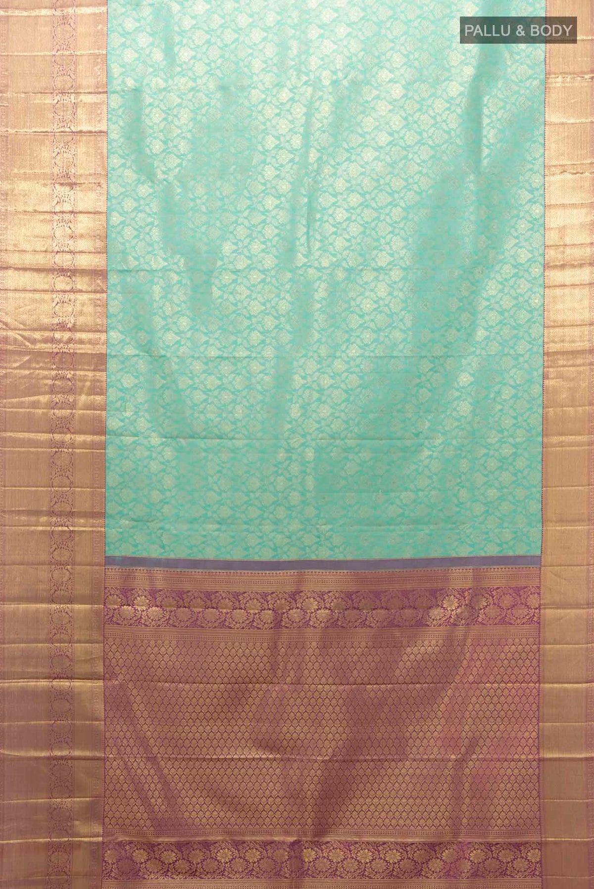 Flat view of Sea Green Kanchipuram Silk Saree with Zari Butta on the body and Silk Border