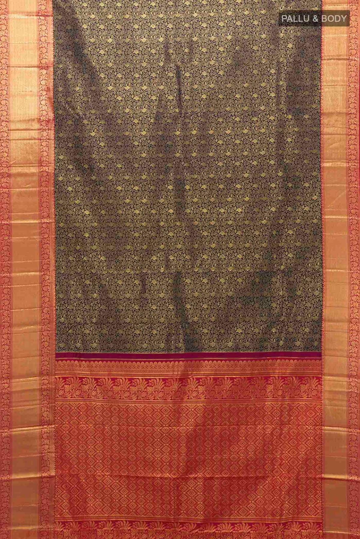 Flat view of Navy Blue Kanchipuram Silk Saree with Zari Butta on the body and Silk Border