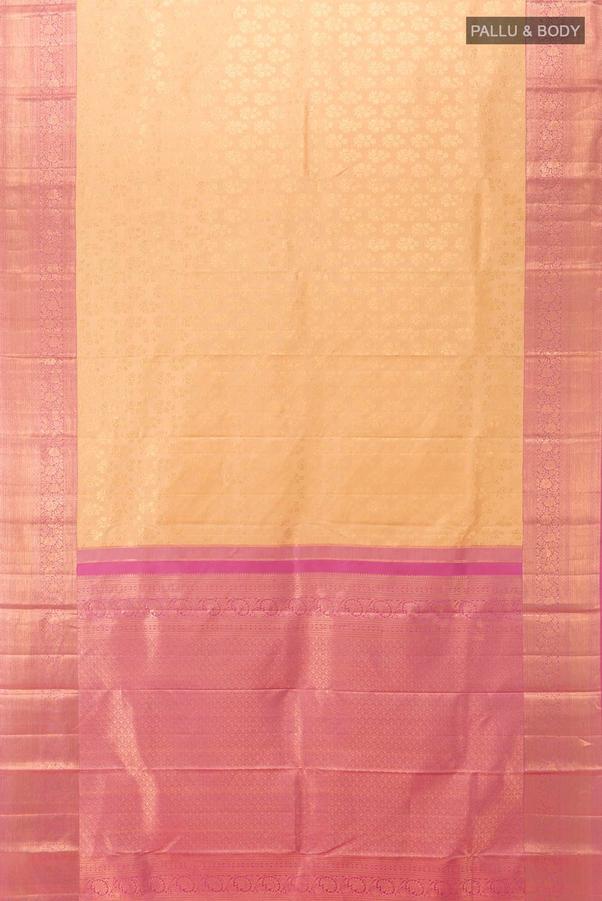 Flat view of Rose Gold Kanchipuram Silk Saree with Zari Butta on the body and Silk Border
