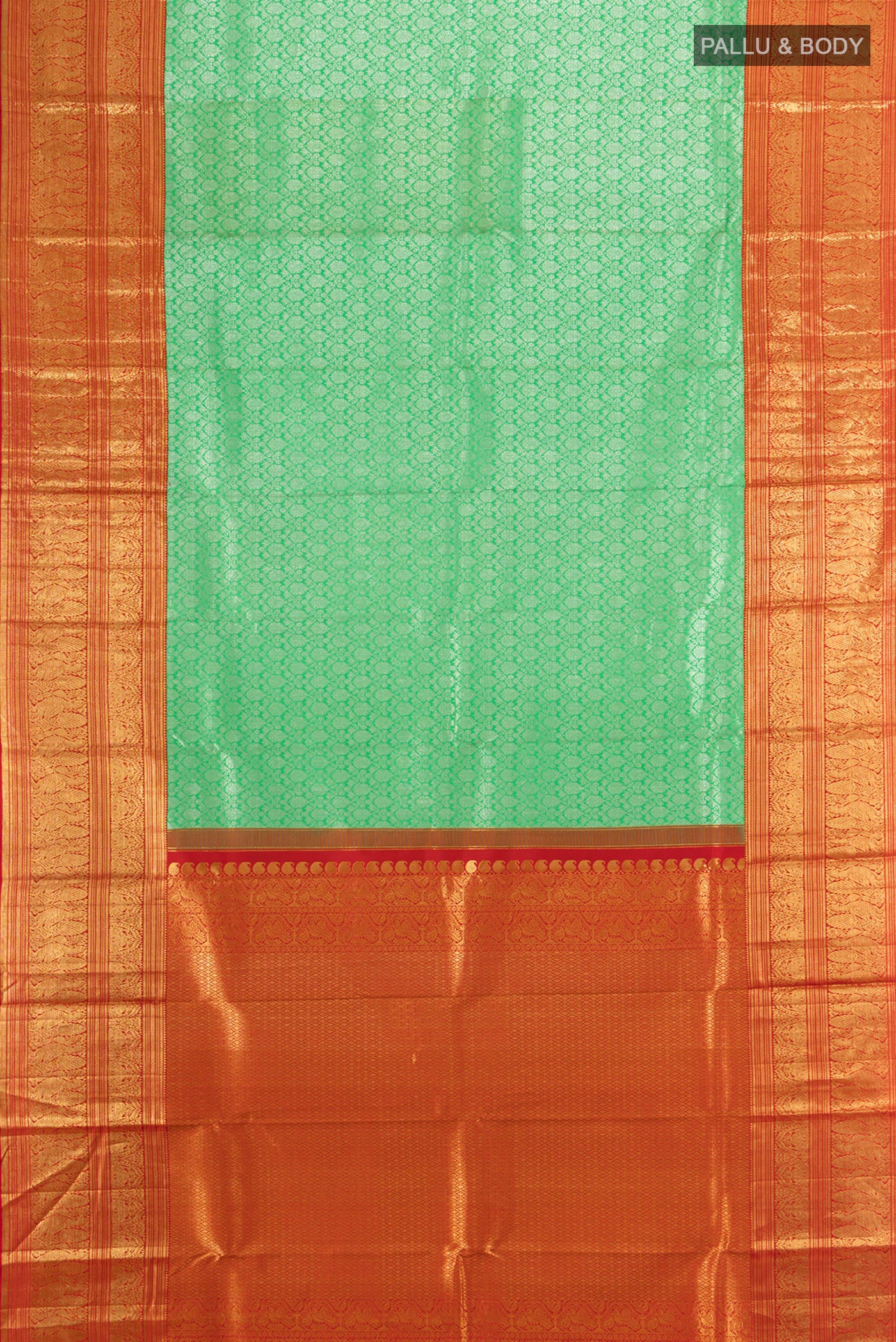 Flat view of Sea Green Kanchipuram Silk Saree with Zari Brocade on the body and Zari Border. 