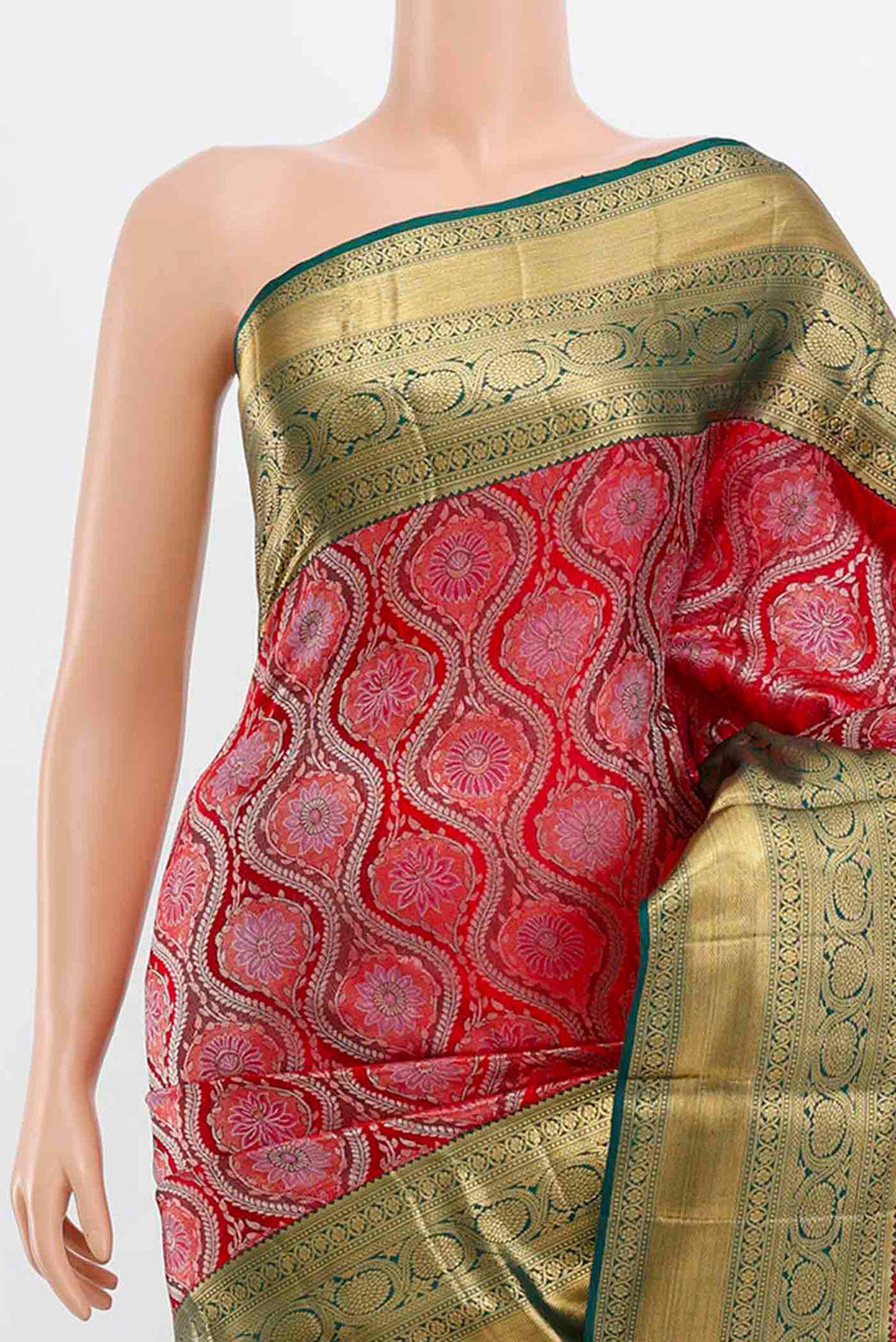Border image of Deep Red Kanchipuram Silk Saree with Zari Butta on the body and Silk Border. 