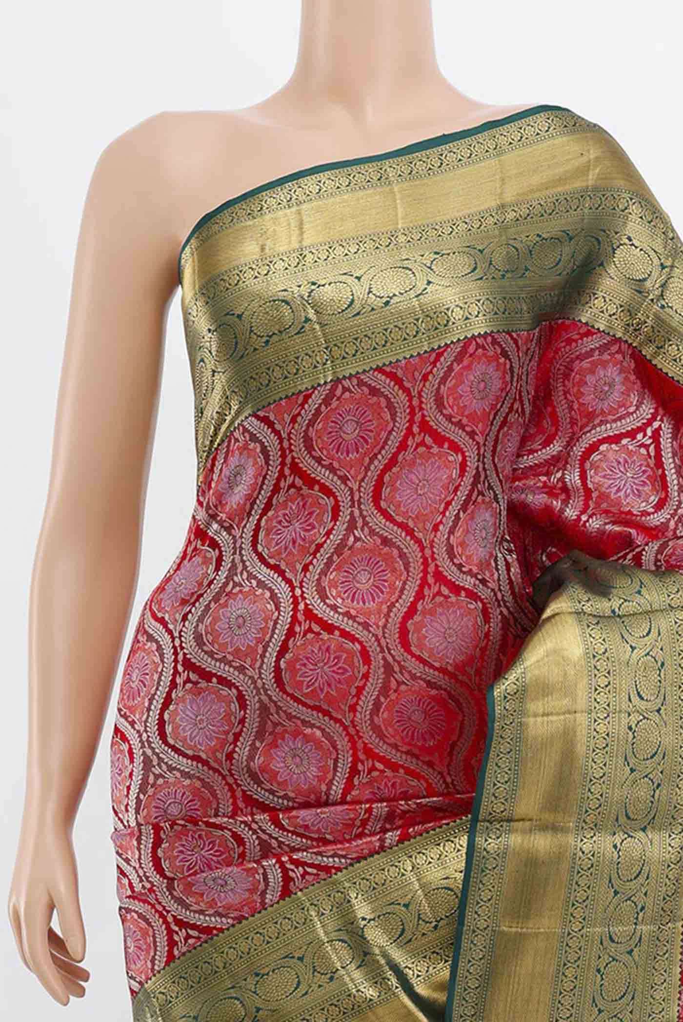 Border image of Deep Red Kanchipuram Silk Saree with Zari Butta on the body and Silk Border. 