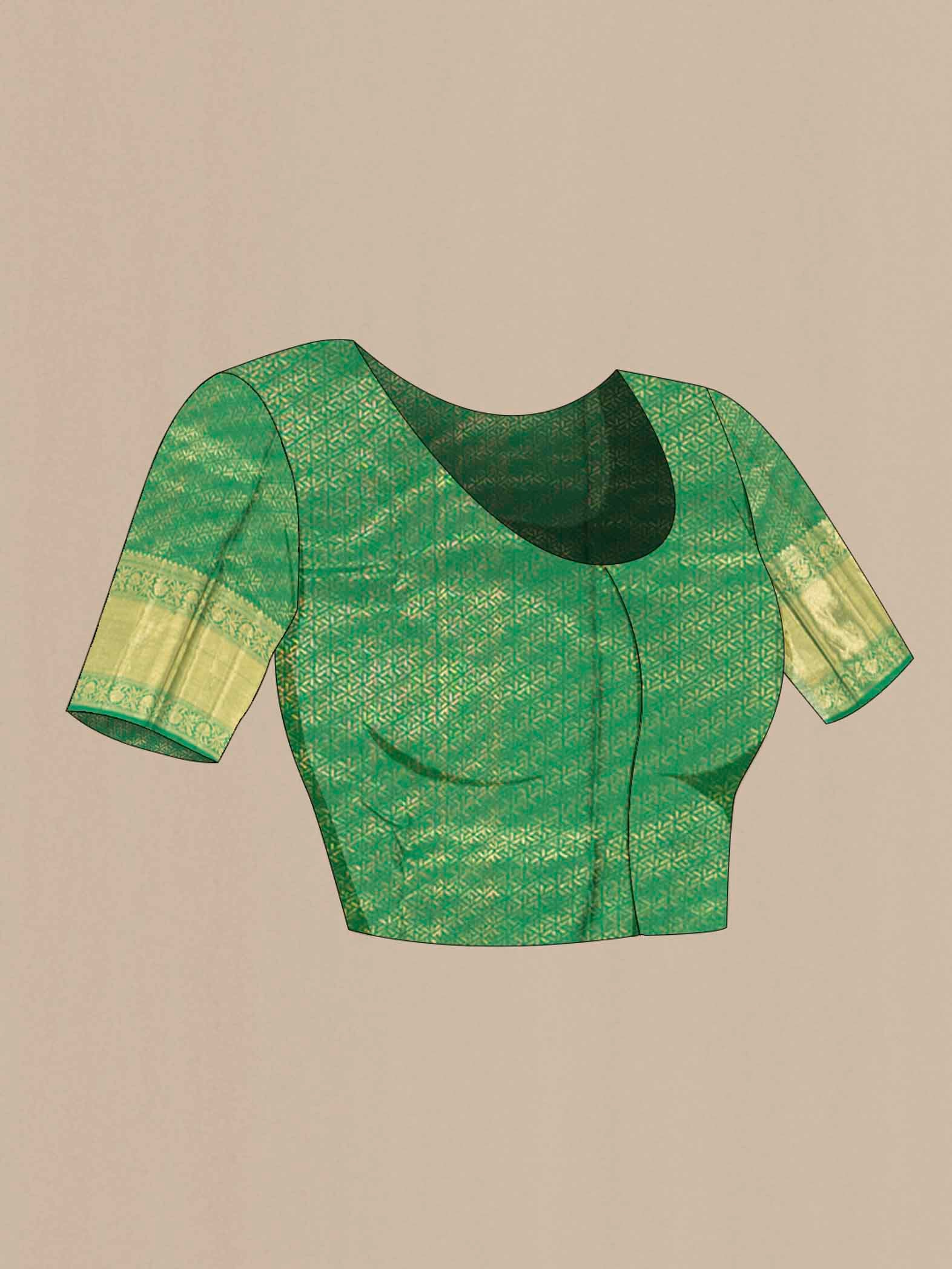 Close up image of the blouse of Red Kanchipuram Silk Saree with Zari Butta on the body and Silk Border