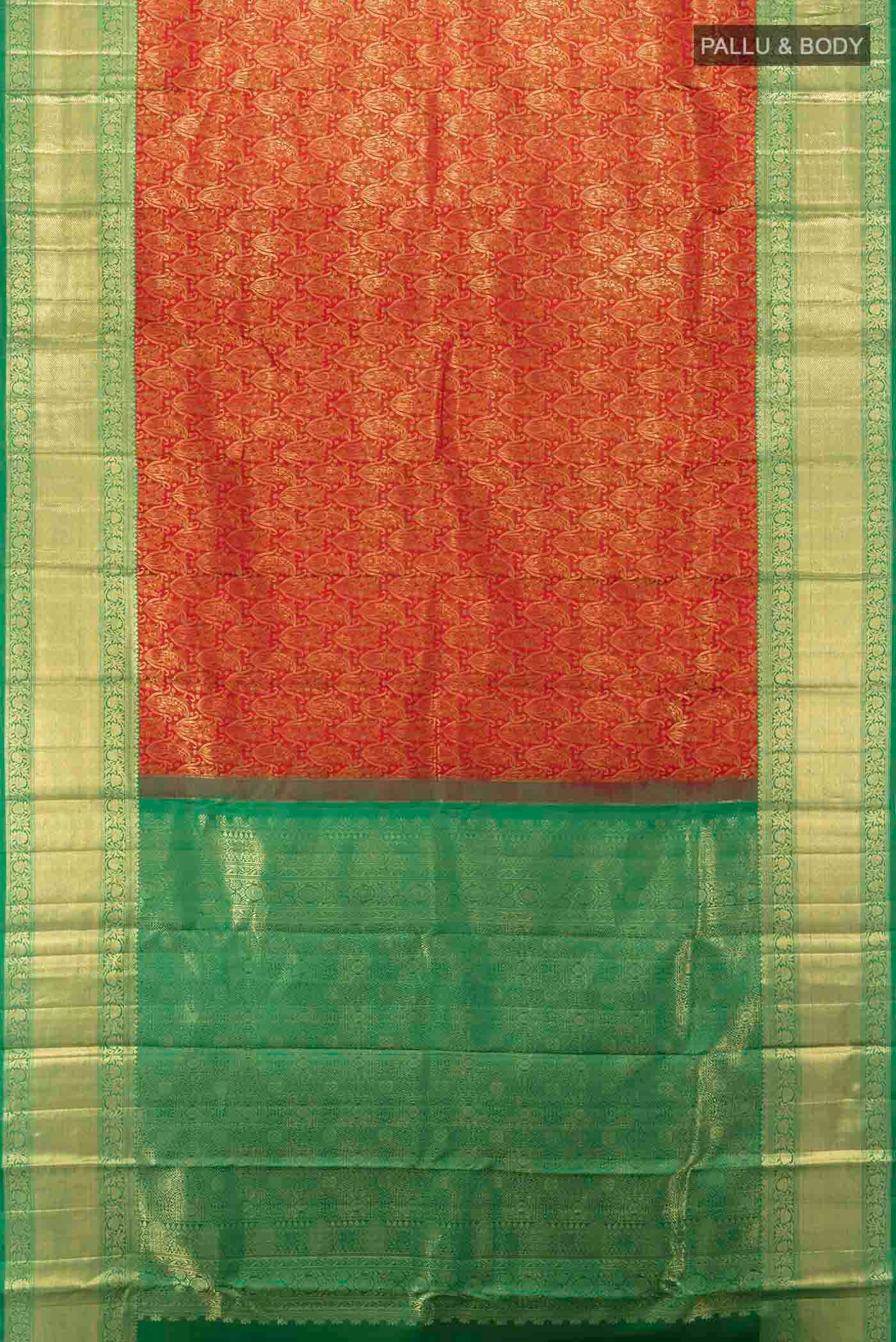 Flat view of Red Kanchipuram Silk Saree with Zari Butta on the body and Silk Border