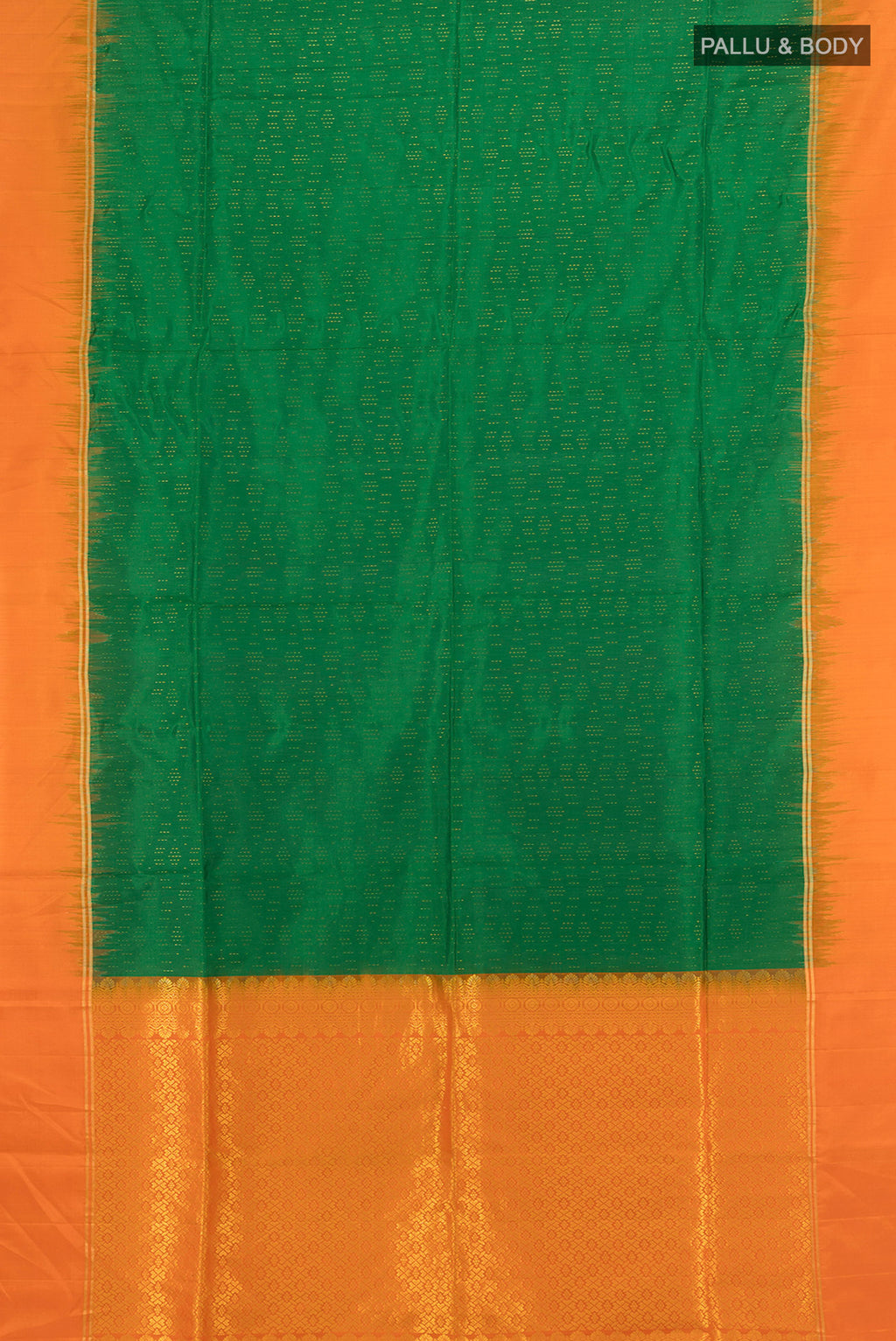 Flat view of Mint Green Soft Silk Saree with Zari Butta on the body and Silk Border. 