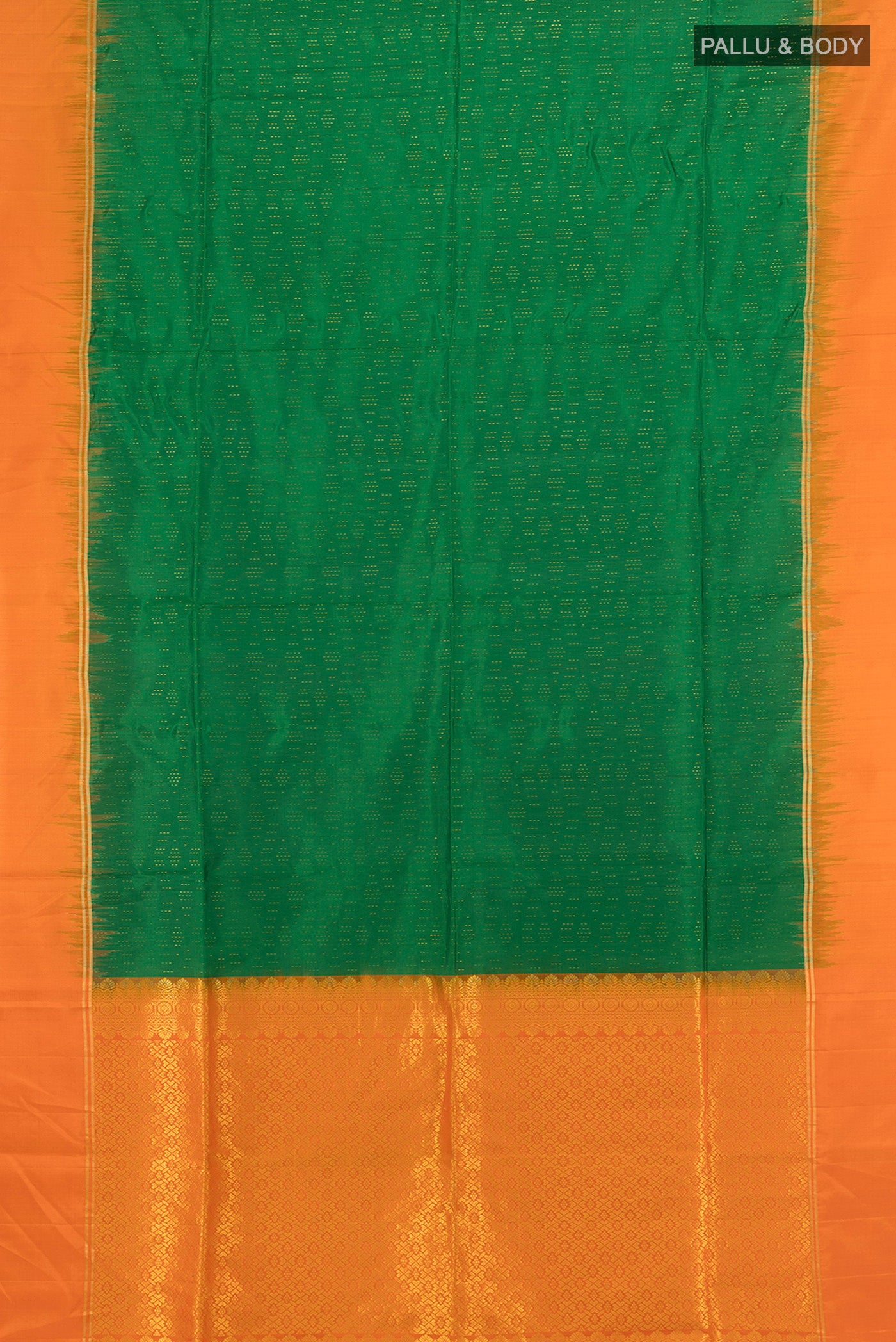 Flat view of Mint Green Soft Silk Saree with Zari Butta on the body and Silk Border. 