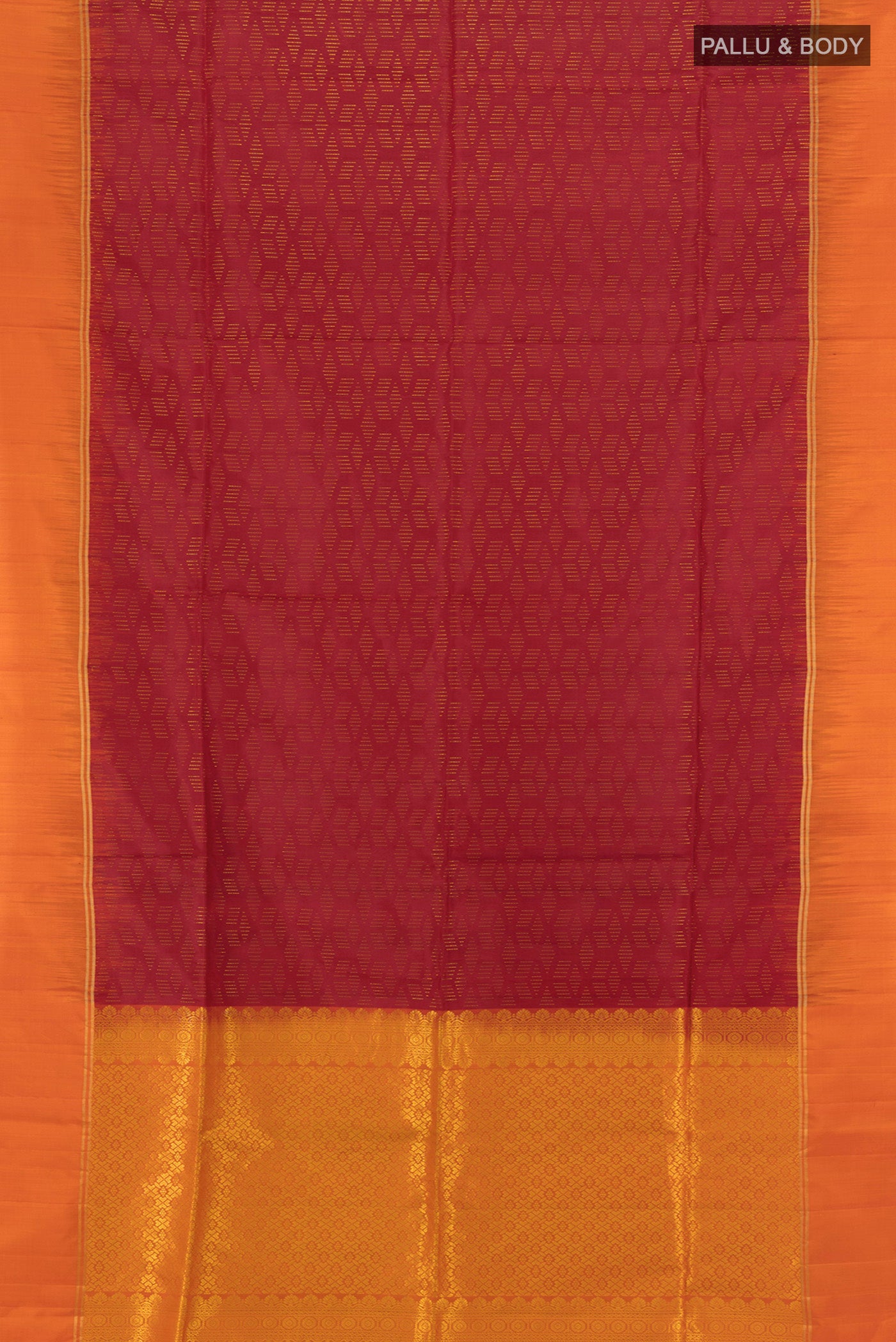 Flat view of Maroon Soft Silk Saree with Zari Butta on the body and Plain Border. 