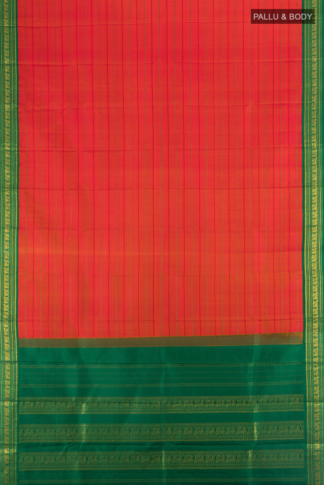 Flat view of Pure Silk Pure Zari Peach Kanjivaram Saree with Zari Butta on the body and Silk Border. 