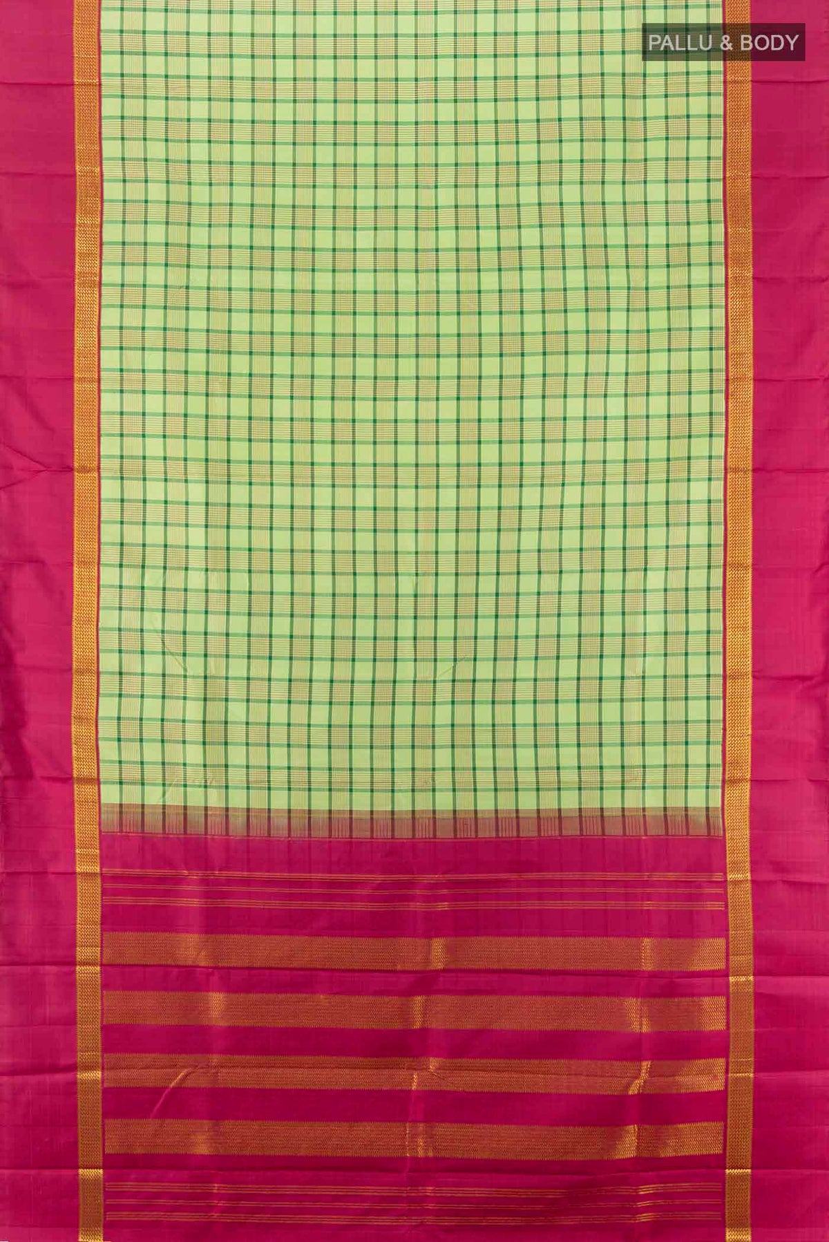 Flat view of Light Green Kanjivaram Silk Saree with Zari Butta on the body and Silk Border. 