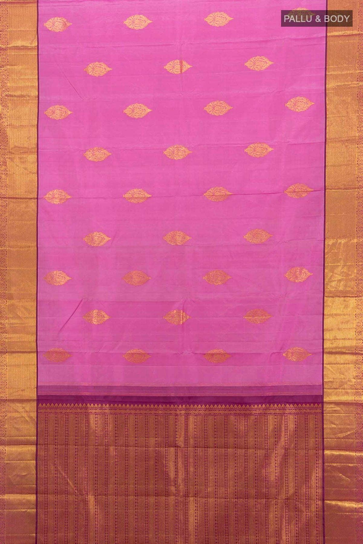 Flat view of Pink Kanchipuram Silk Saree with Zari Butta on the body and Zari Border
