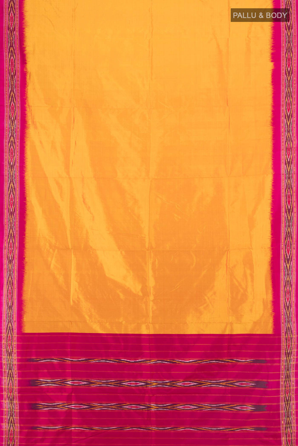 Flat view of Pure Silk Yellow Pochampally Saree with Plain Body and Ikat Border. 