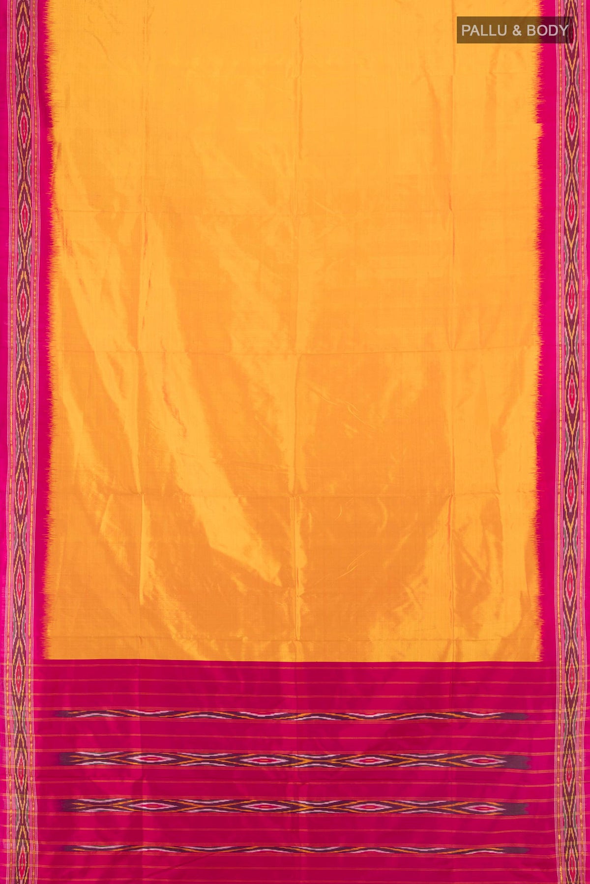 Flat view of Pure Silk Yellow Pochampally Saree with Plain Body and Ikat Border. 