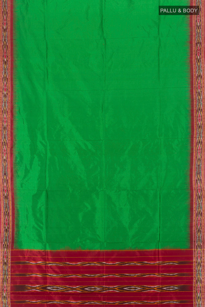 Flat view of Mint Green Pochampally Saree with Ikat Print on the body and Silk Border. 