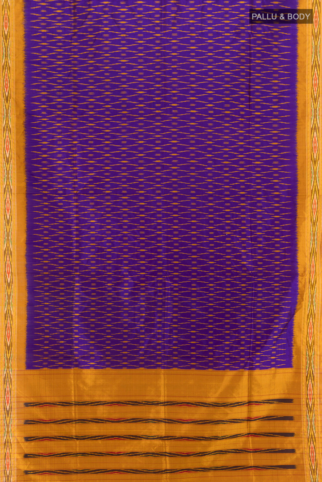 Flat view of Violet Pochampally Silk Saree with Ikat design on the body and Zari Border. 