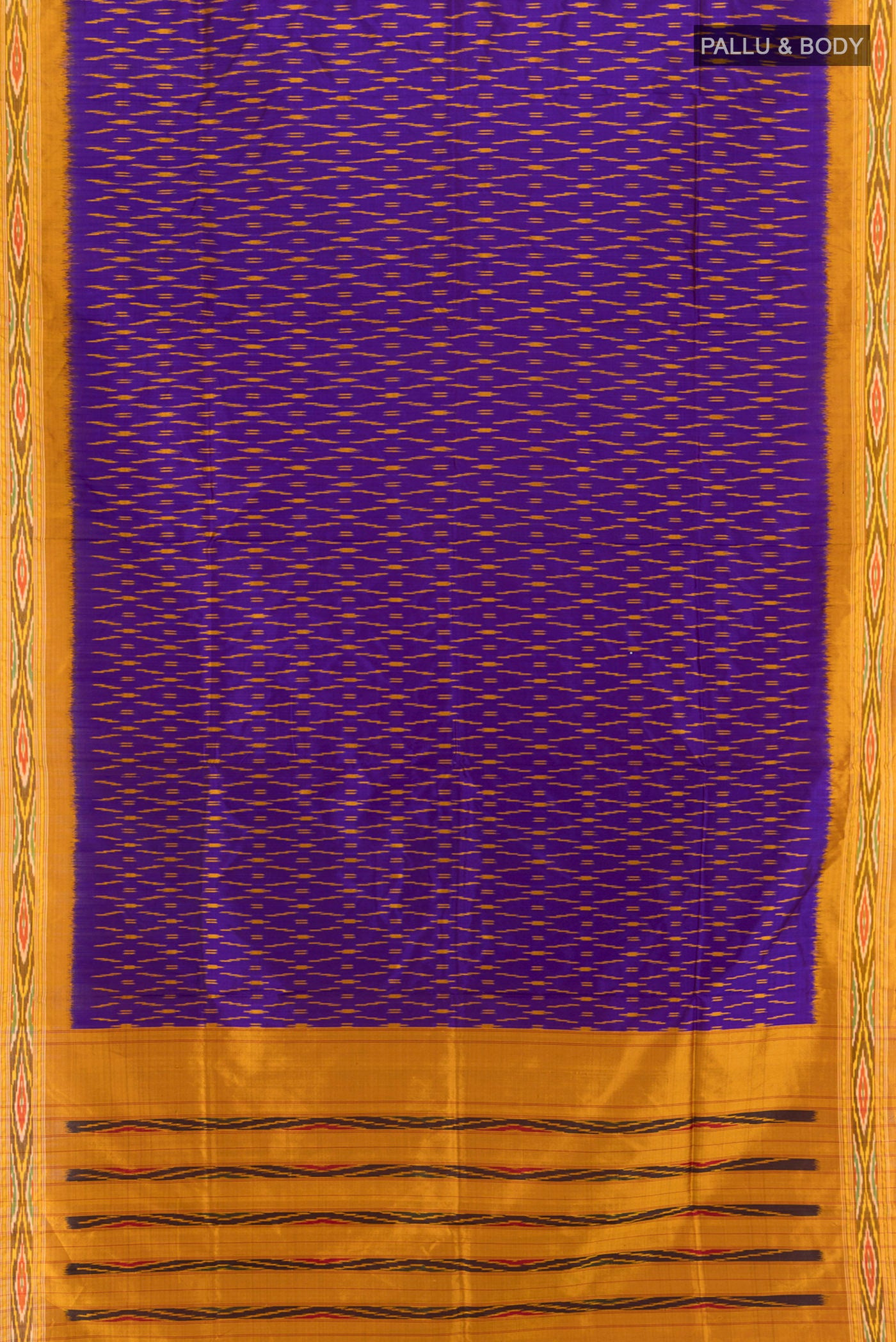 Flat view of Violet Pochampally Silk Saree with Ikat design on the body and Zari Border. 