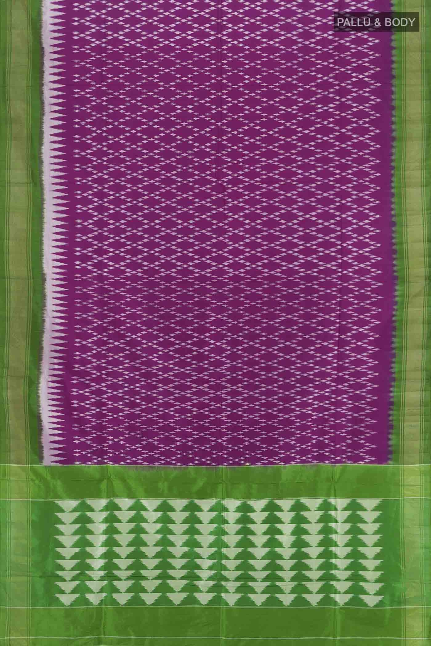 Flat view of Purple Pochampally Saree with Ikat Print on the body and Silk Border. 