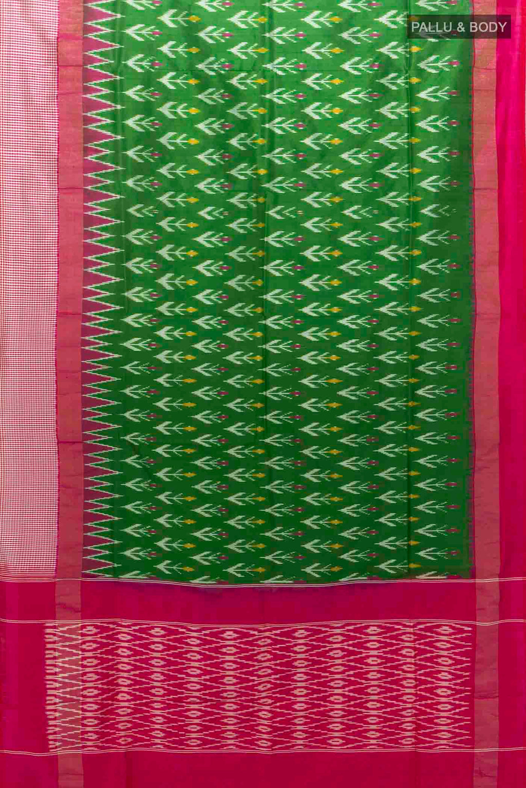 Flat view of Green Pochampally Silk Saree with Pure Ikat on the body and Checks Border