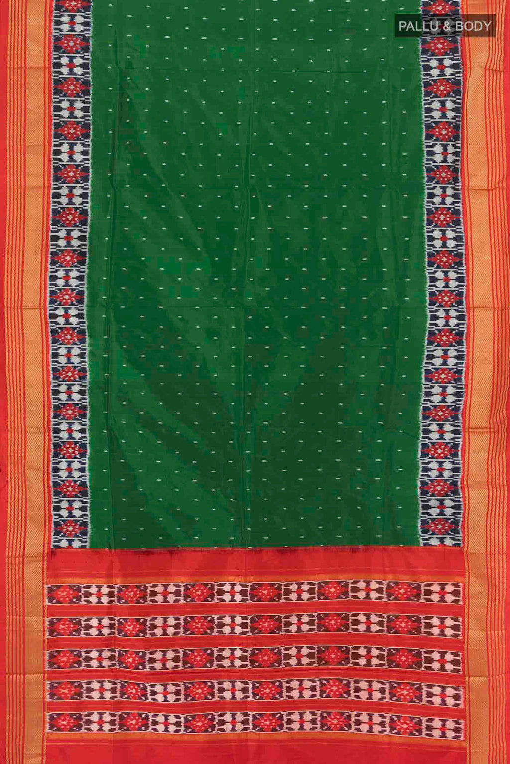 Flat view of Bottle Green Pochampally Saree with Ikat Print on the body and Silk Border. 