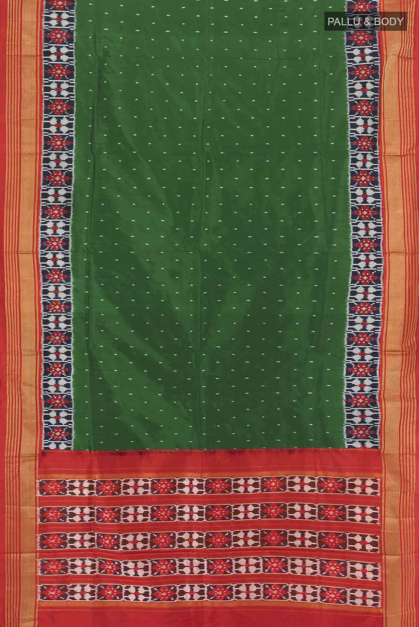 Flat view of Bottle Green Pochampally Saree with Ikat Print on the body and Silk Border. 
