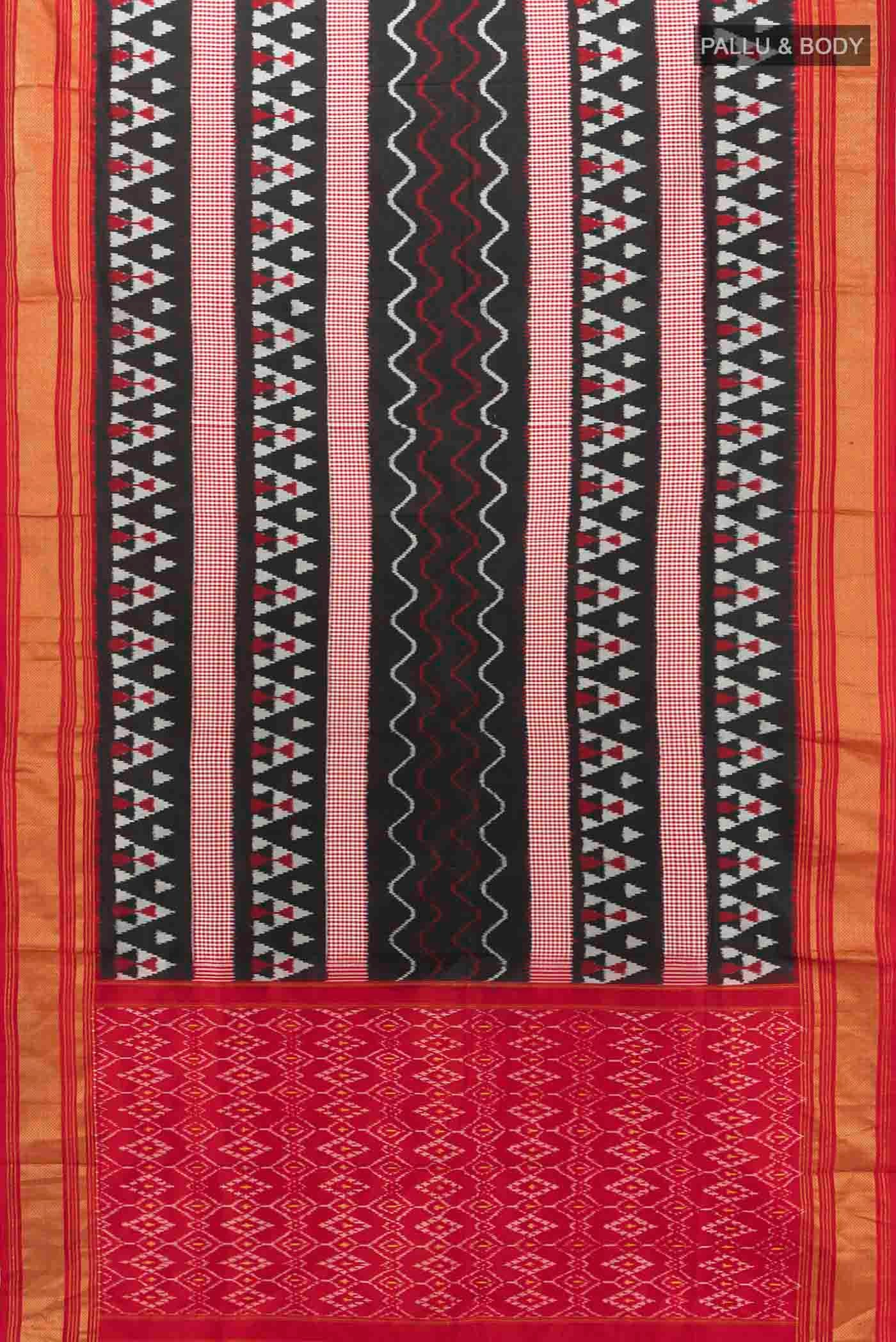 Flat view of Black Pochampally Silk Saree with Pure Ikat on the body and Zari Border