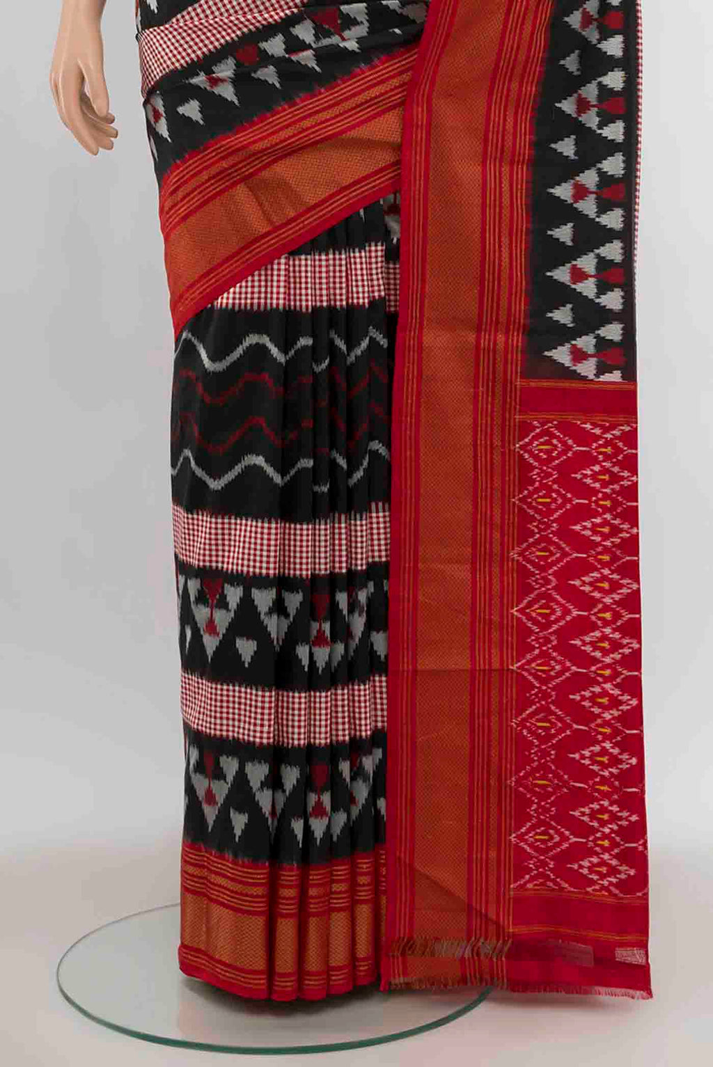 Pleats and pallu of Black Pochampally Silk Saree with Pure Ikat on the body and Zari Border