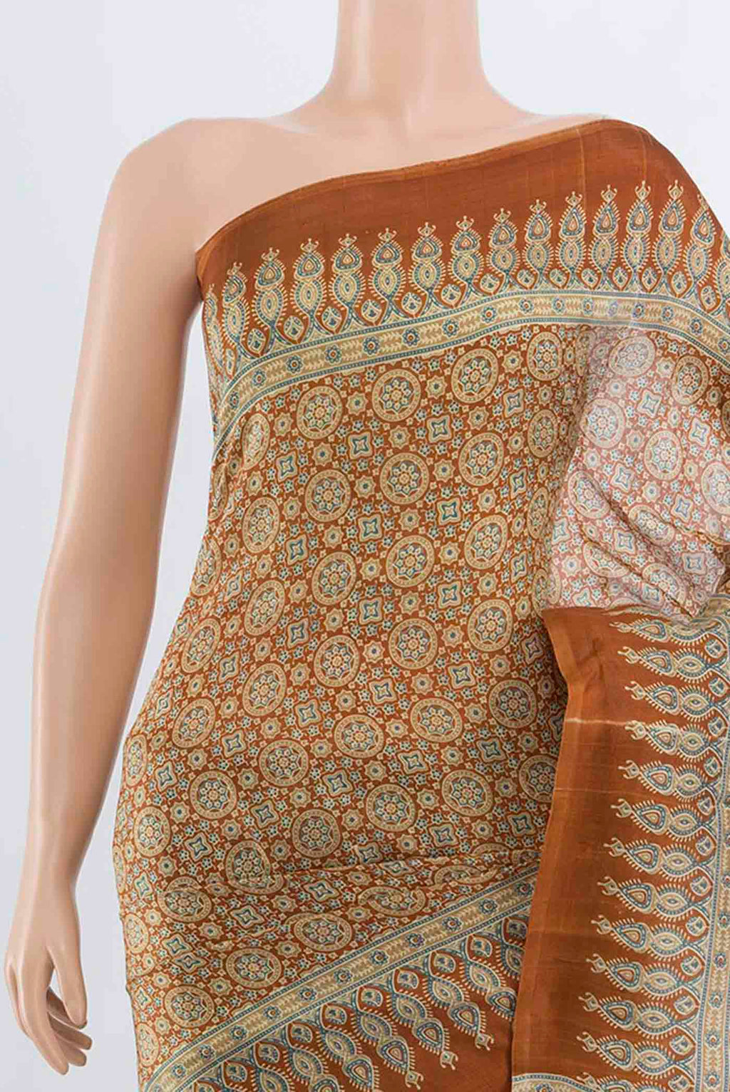 Border image of Brown Tussar Silk Saree with Floral Print on the body and Silk Border. 