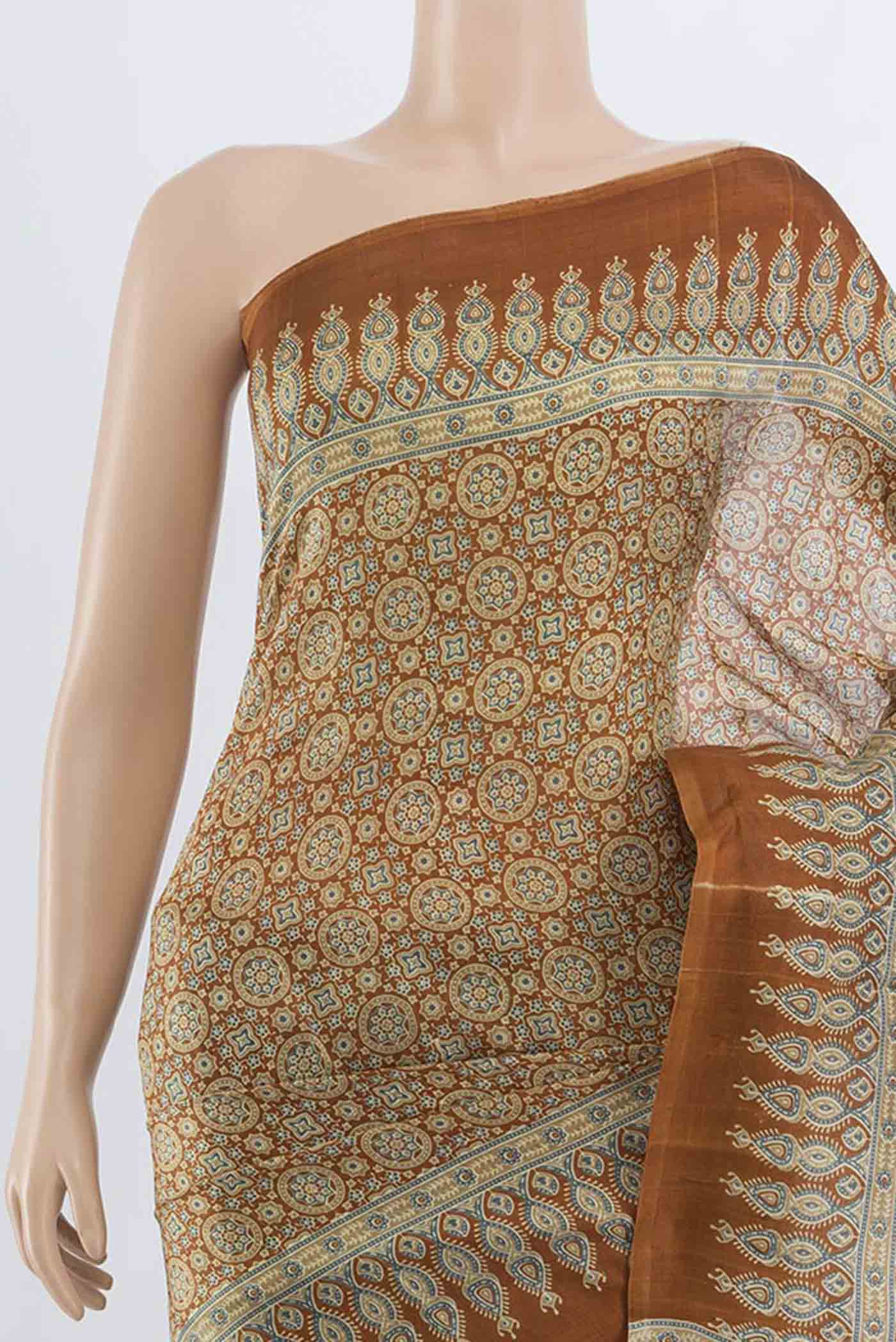 Border image of Brown Tussar Silk Saree with Floral Print on the body and Silk Border. 