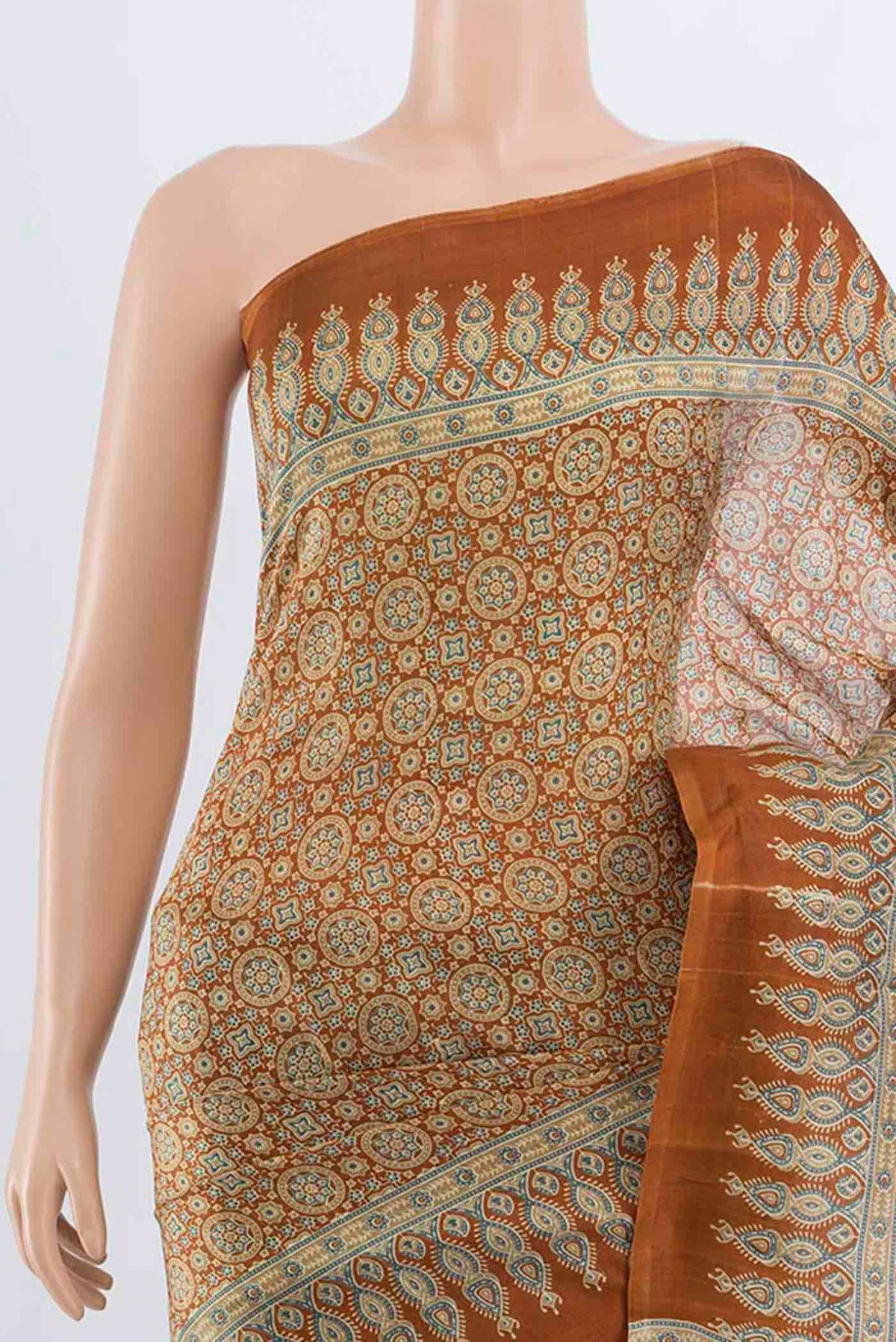 Border image of Brown Tussar Silk Saree with Floral Print on the body and Silk Border. 
