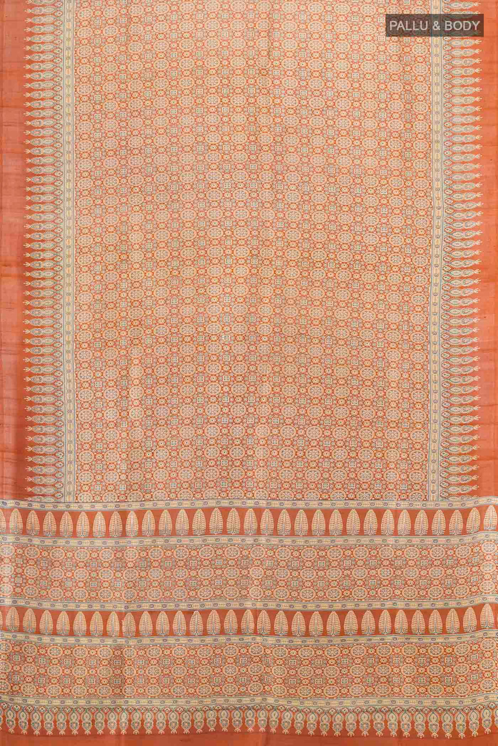 Flat view of Brown Tussar Silk Saree with Floral Print on the body and Silk Border. 
