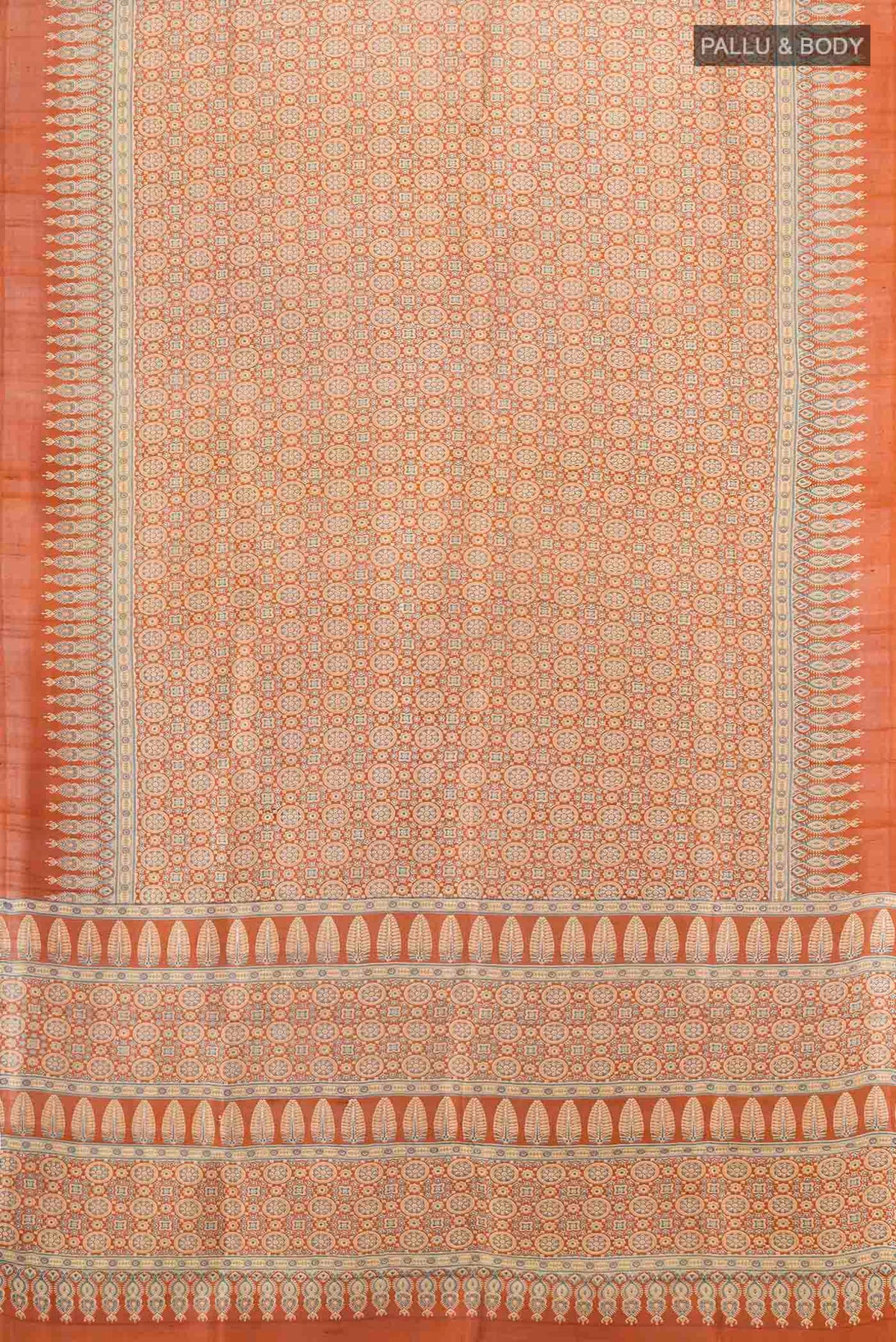 Flat view of Brown Tussar Silk Saree with Floral Print on the body and Silk Border. 