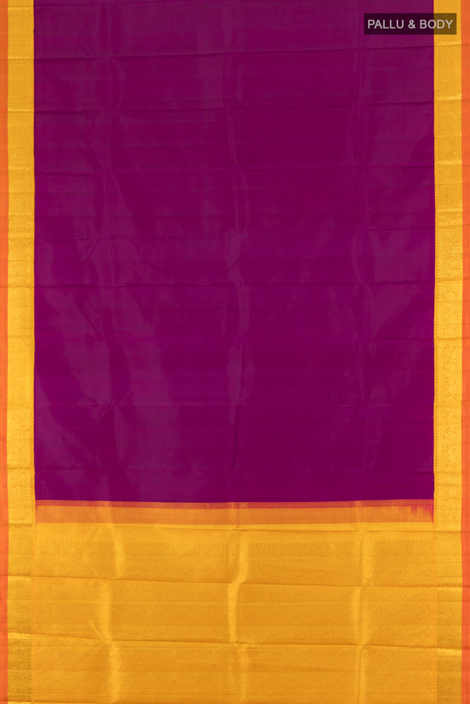 Flat view of Purple Kanjivaram Silk Saree with Plain Body and Silk Border. 