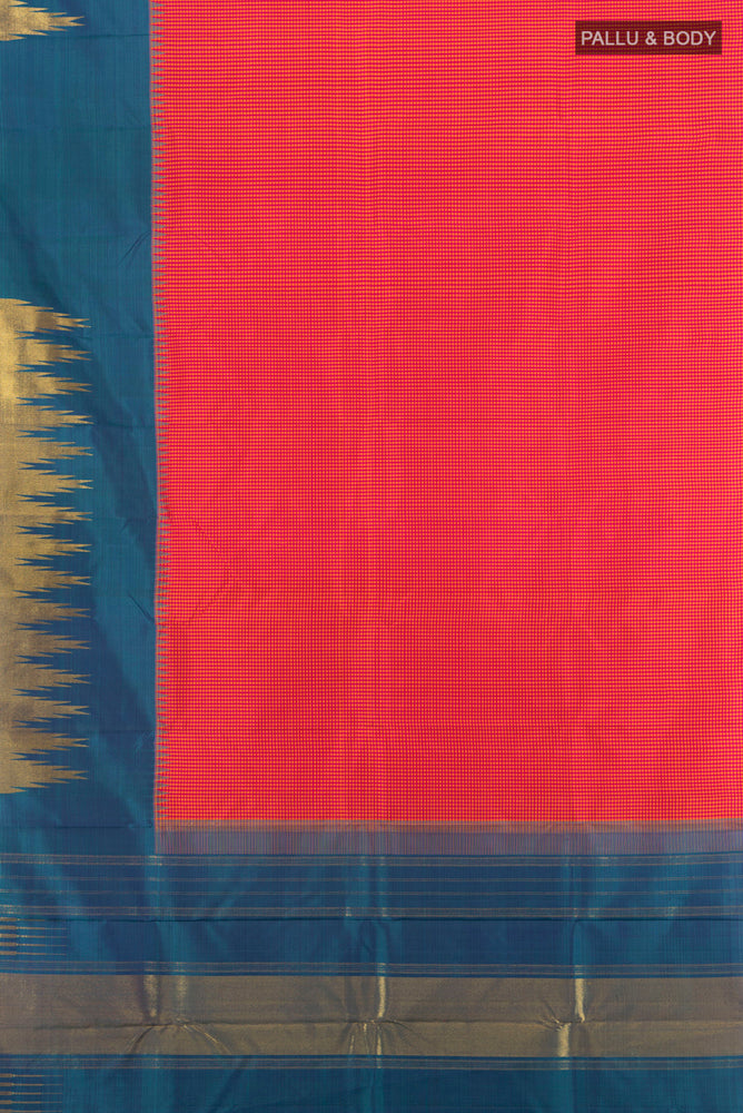 Flat view of Pure Silk Pure Zari Multi Color Kanjivaram Saree with Zari Butta on the body and Silk Border. 