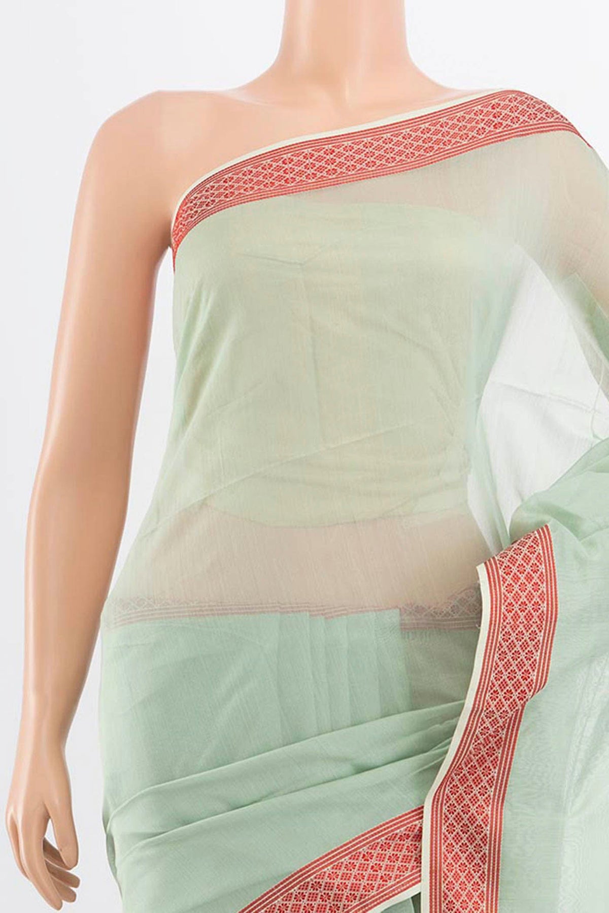 Border image of Pista Green Maheshwari Silk Cotton Saree with Zari Butta on the body and Silk Border. 