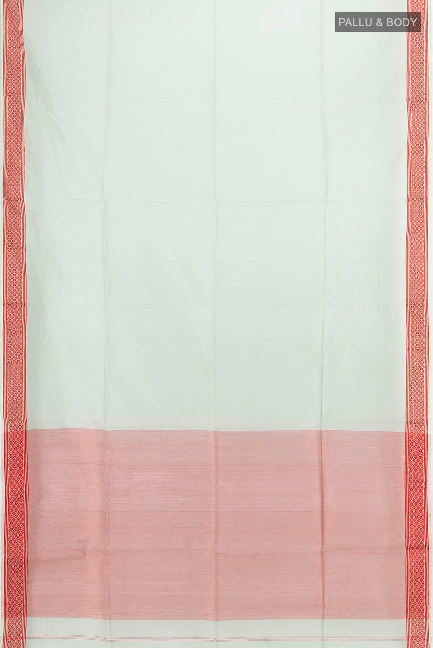 Flat view of Pista Green Maheshwari Silk Cotton Saree with Zari Butta on the body and Silk Border. 