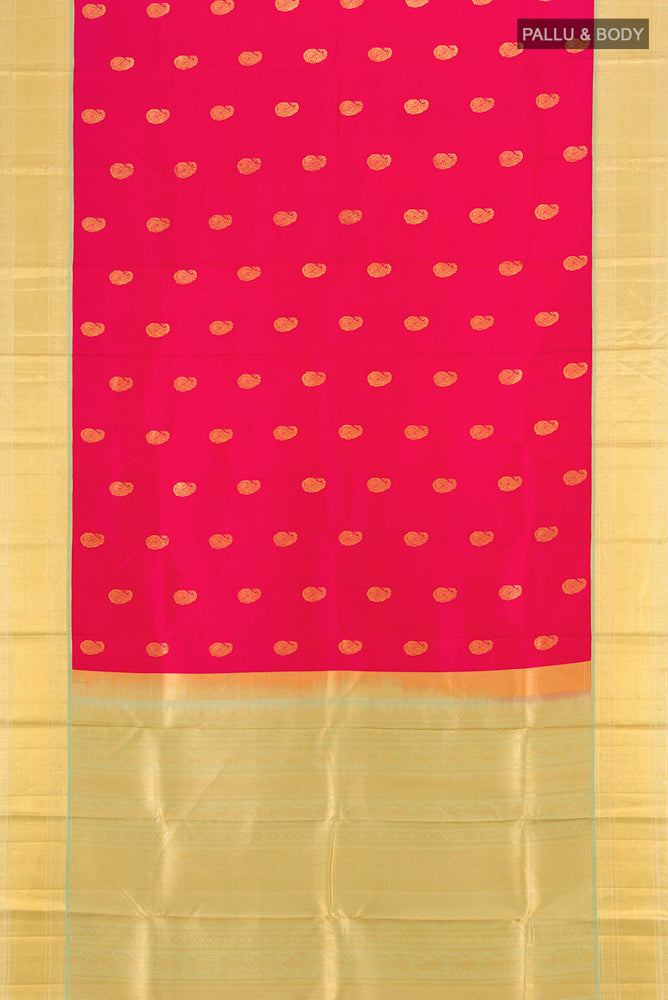Flat view of Pure Silk Pure Zari Peach Kanchipuram Saree with Zari Butta on the body and Silk Border. 