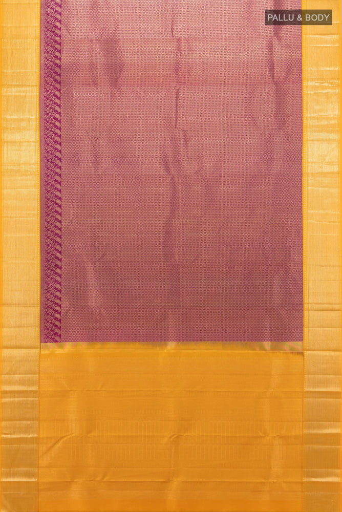 Flat view of Pure Silk Pure Zari Purple Kanjivaram Saree with Zari Brocade on the body and Silk Border. 