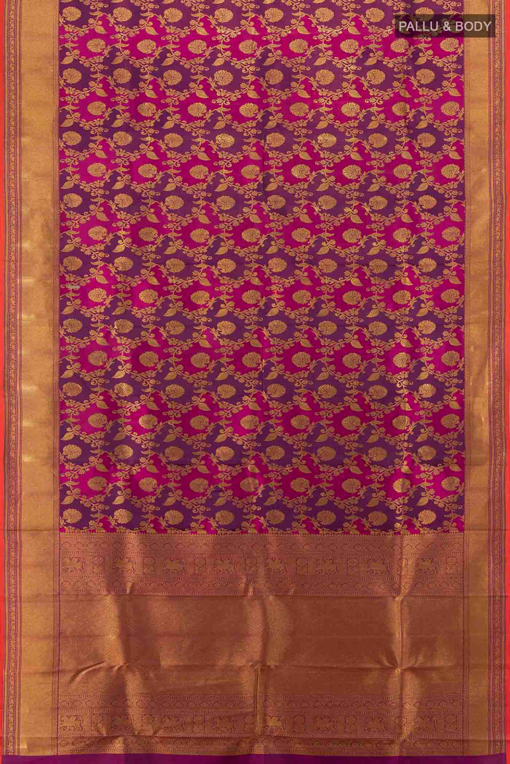 Flat view of Multi Color Kanjivaram Silk Saree with Zari Butta on the body and Silk Border. 