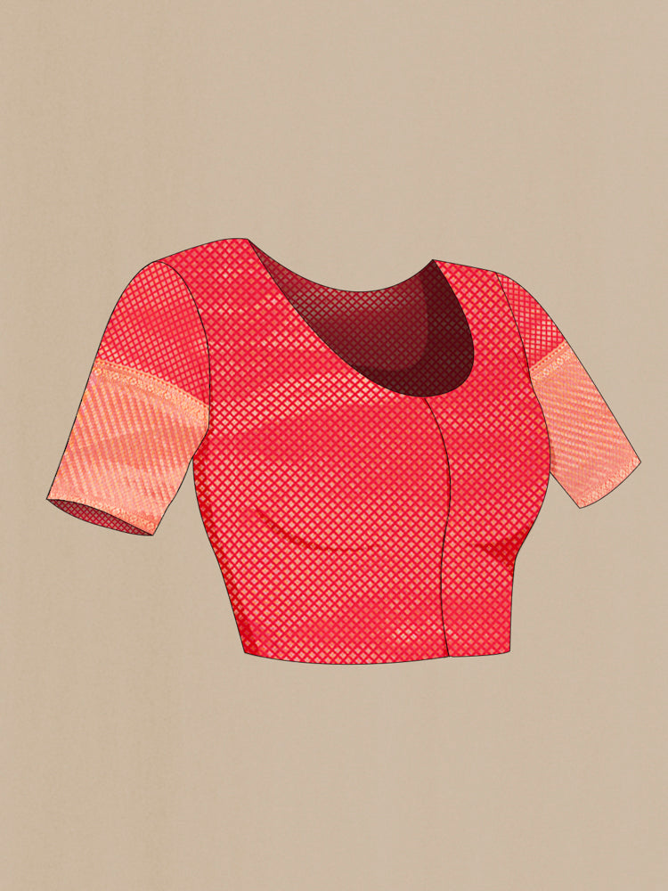 Close up image of the blouse of Pure Silk Pure Zari Red Kanchipuram Saree with Zari Butta on the body and Silk Border. 