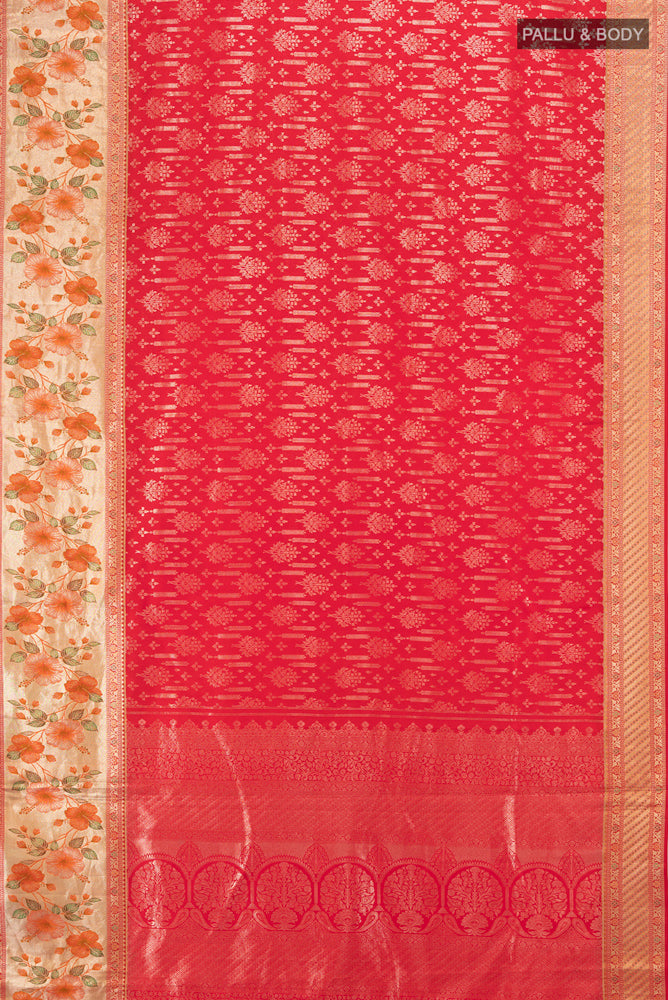 Flat view of Pure Silk Pure Zari Red Kanchipuram Saree with Zari Butta on the body and Silk Border. 
